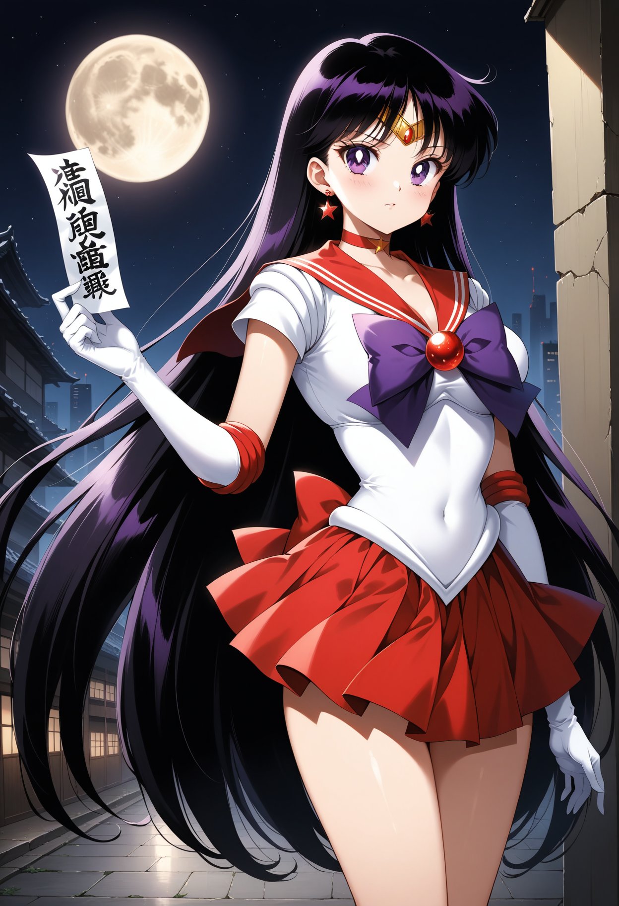 (masterpiece, best quality, very aesthetic, ultra detailed), intricate details, 4k, aamars, long hair, black hair, tiara, earrings, red choker, red sailor collar, purple bowtie, white shirt, elbow gloves, white gloves, pleated skirt, red skirt, bare legs, <lora:sailor_mars_animaginexl_v1:0.9>, moon, city, standing, cowboy shot, ofuda, holding ofuda,