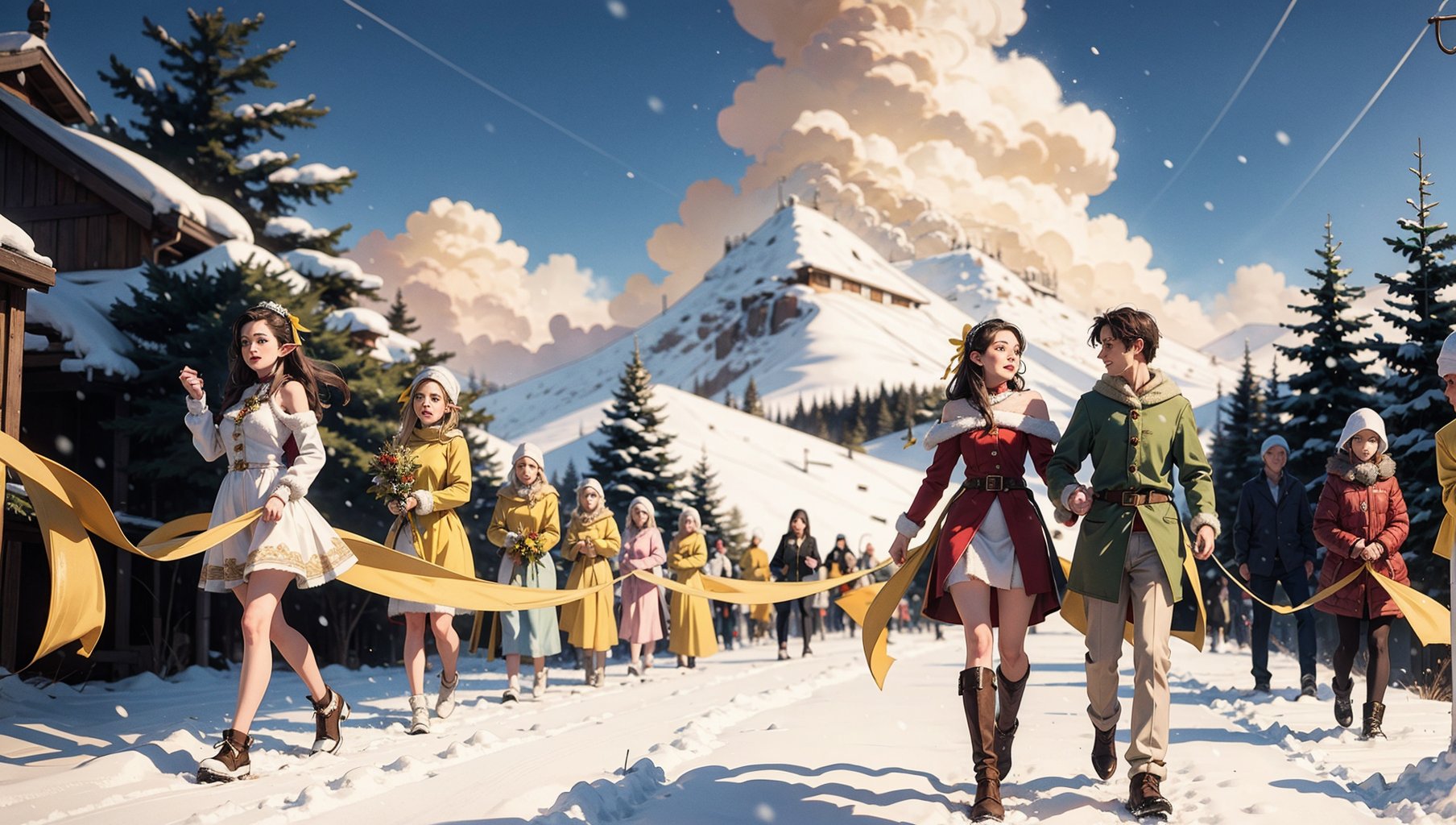 over 10 elves (all wearing yellow ribbons),walking towards viewer,mistletoe all over. Snowing,explosions in the background,