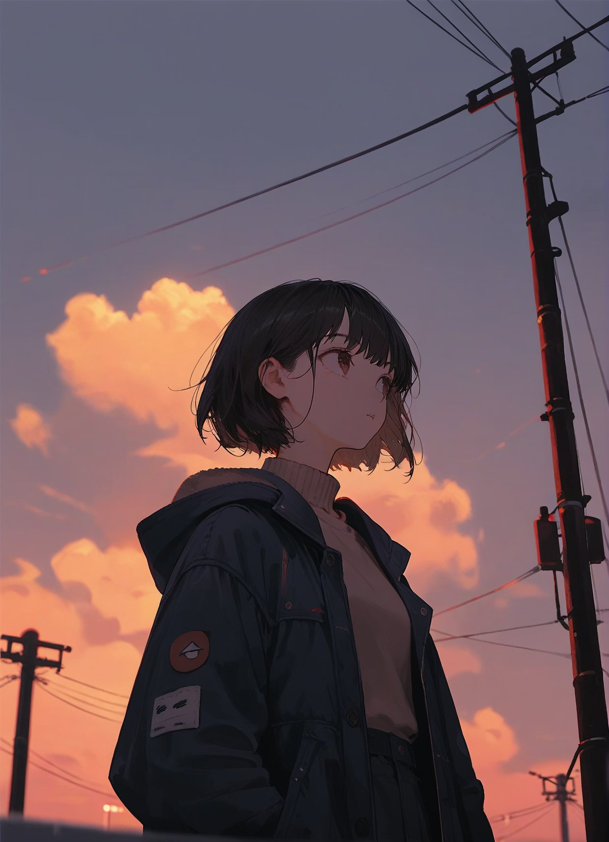 score_9,score_8_up,score_7_up,1girl, solo, outdoors, sky, power lines, utility pole, cloud, black hair, short hair, jacket, bangs, bag, blurry, sunset, upper body, blurry foreground, brown eyes, cloudy sky, looking afar, parted lips, closed mouth, evening, depth of field, looking away, sweater, long sleeves, coat