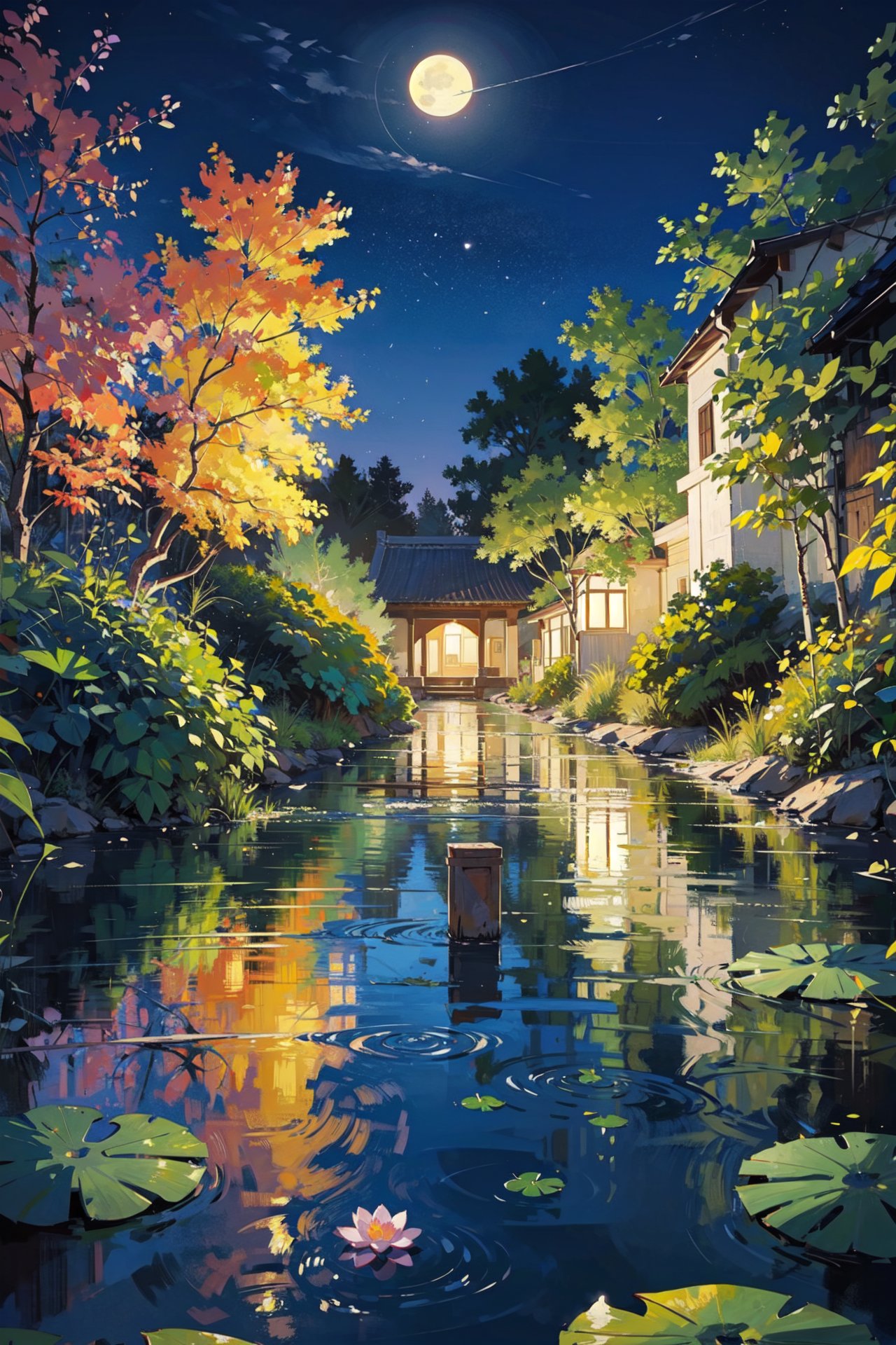 ((best quality, masterpiece, absurbres, super-resolution)) The moonlight over the lotus pond, Green and Blue, Lotus flowers on full bloom, Traditional 