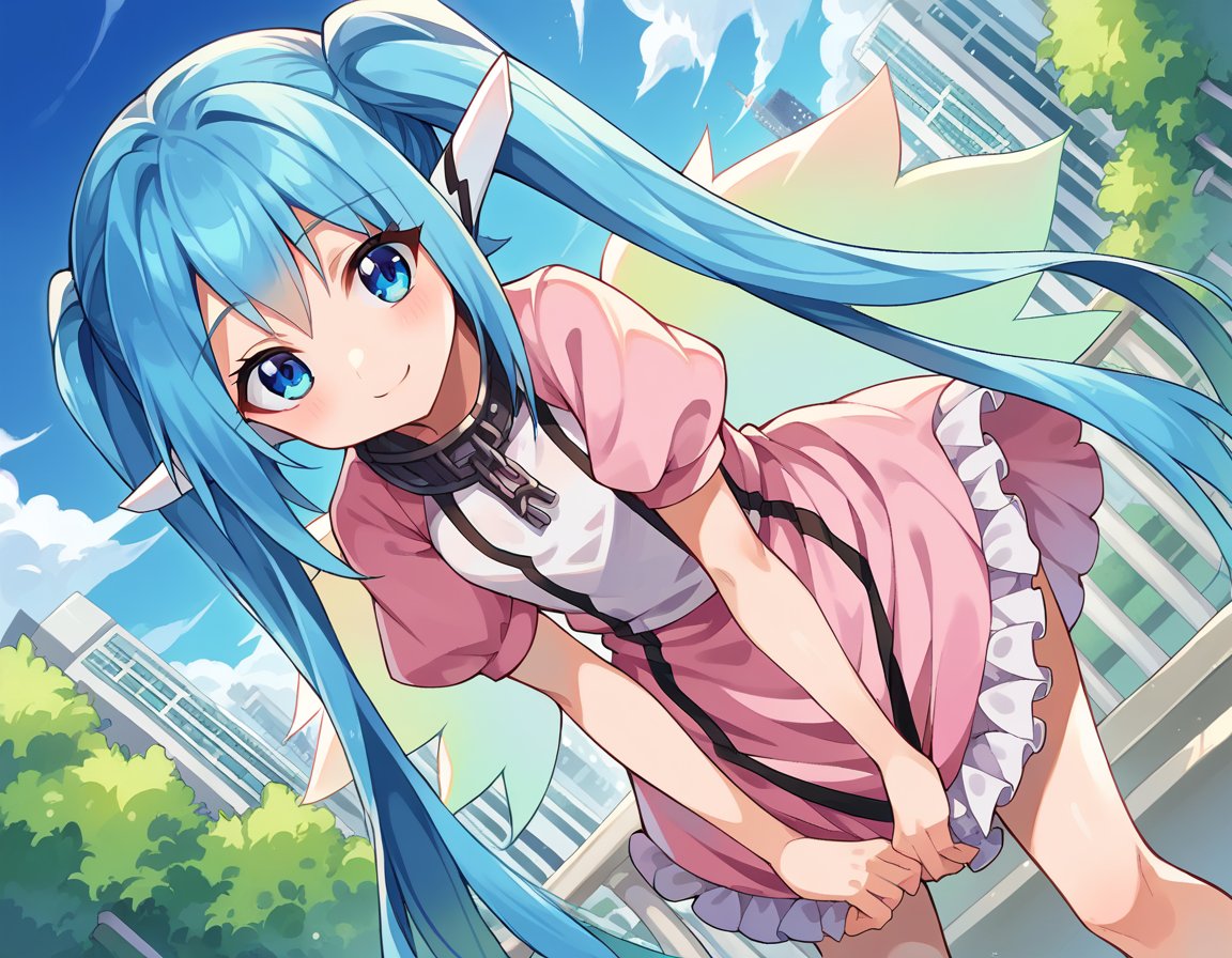 score_9, score_8_up, score_7_up, source_anime,otoshimononymph, <lora:otoshimono-nymph-ponyxl-lora-nochekaiser:1>,nymph, blue eyes, blue hair, long hair, long twintails, robot ears, twintails, two side up, wings,dress, pink dress, frilled dress, short sleeves,outdoors, cityscape, smile, bent over,looking at viewer, cowboy shot, dutch angle, solo,