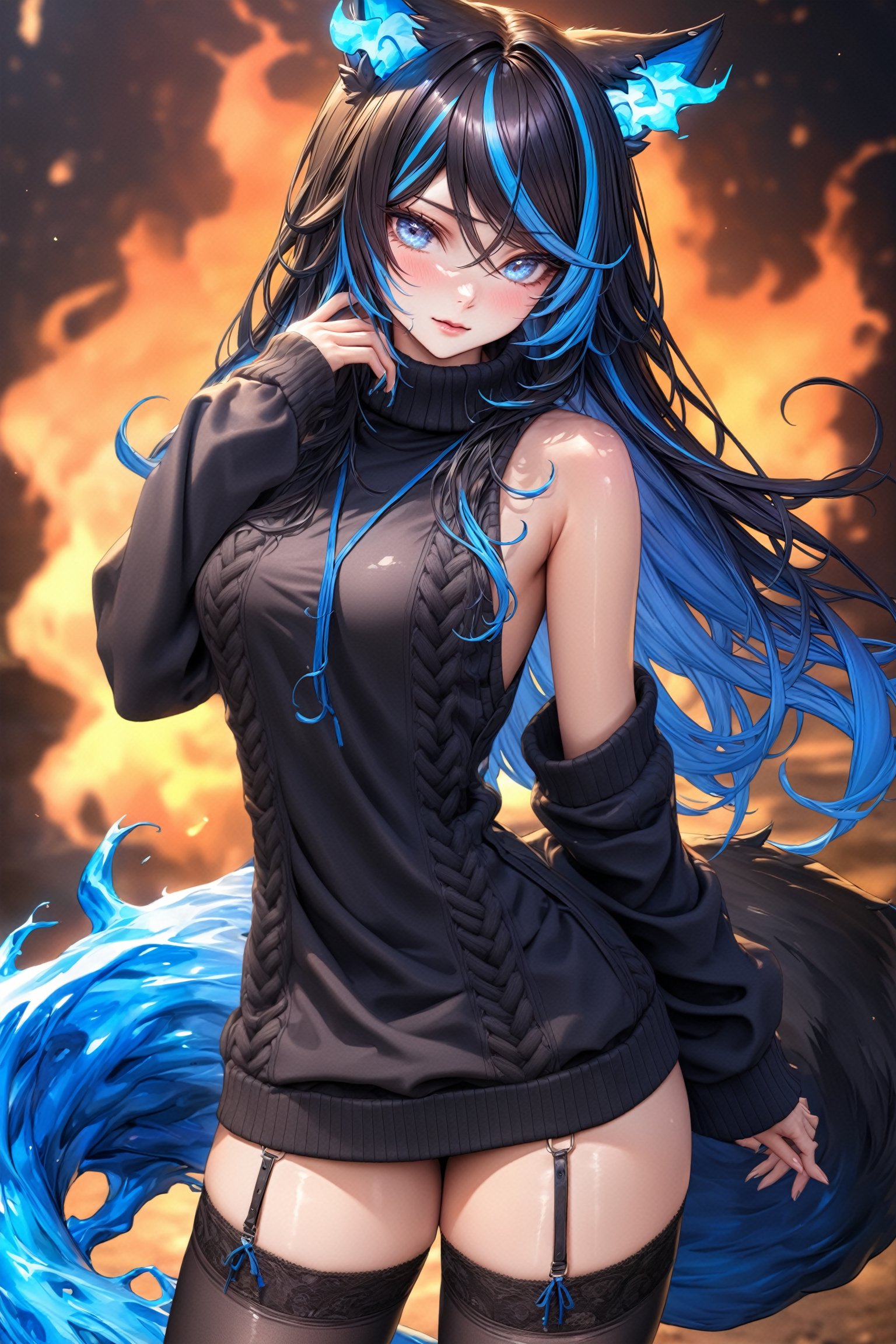 (Masterpiece), mature, HDR,UHD,8K, best quality, Highly detailed, physically-based rendering, extreme detail description, perfect skin, shiny skin, shiny hair,perfect face, hand in face, 1girl, bare_shoulders, black-hair, sweater, thighhighs, animal_ears, blue_eyes, blue hair, streaked_hair, gradient_hair, long_sleeves, collar, streaked_hair,Sinder, tail, fire, virgin killer sweater<lora:EMS-407198-EMS:0.800000>, <lora:EMS-335737-EMS:0.600000>, <lora:EMS-388761-EMS:0.100000>