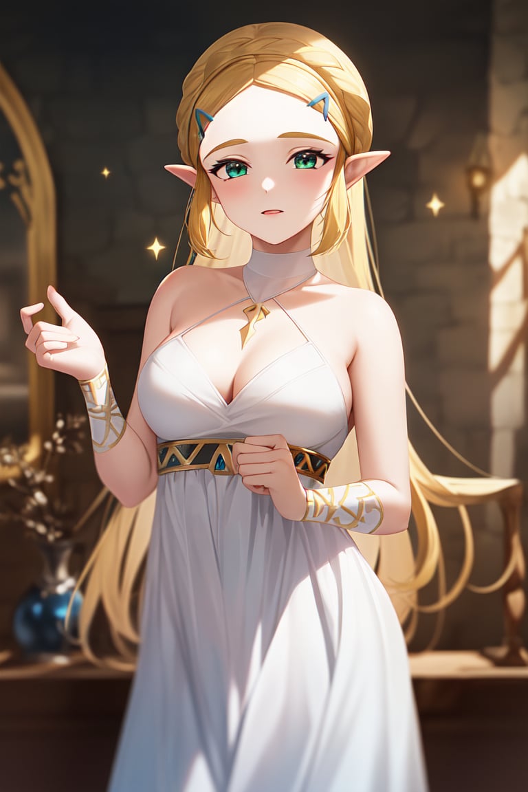 masterpiece, best_quality, 1girl, solo, princess zelda, nintendo, the legend of zelda, botw, white dress, dress