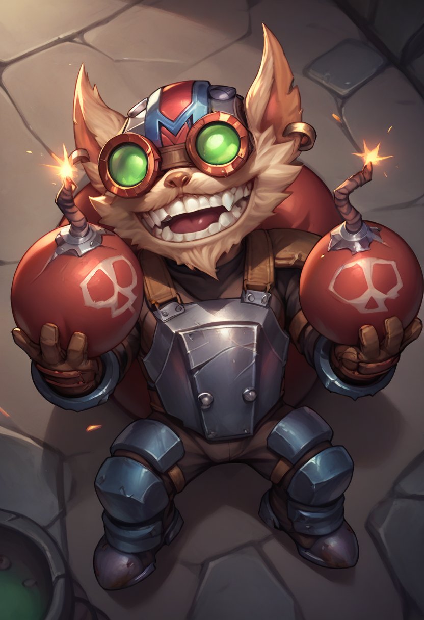 ,score_9, score_8_up, score_7_up, score_6_up,z1ggs, 1boy, male focus, yordle,armor, goggles, helmet, gloves, brown gloves,  <lora:Ziggs_Default_v1:0.9>, from above, holding bomb, bomb, grenade 