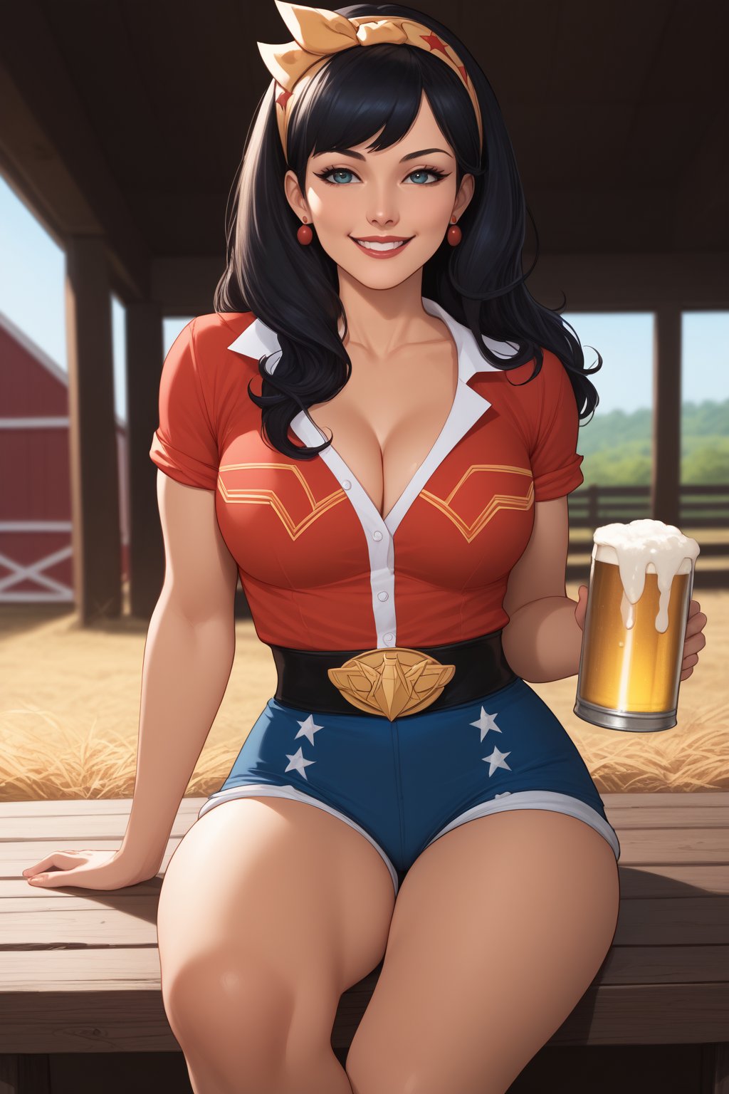 score_9, score_8_up, score_7_up, masterpiece, high quality, BREAK <lora:Bombshell Wonder WomanPonyLoRA:0.9>bmbshllwndrwmn, long hair, hairband, cleavage, blouse, earrings, belt, belt buckle, shorts, sitting on a barn, holding a beer, smile