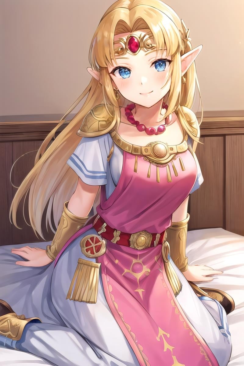 <lora:zelda-albw-10:0.8>, zelda-albw, 1girl, solo, looking at viewer, blush, sitting, on bed, seductive smile, dress, tiara, jewelry, bracer, bead necklace, wariza, bent over, head tilt, large breasts