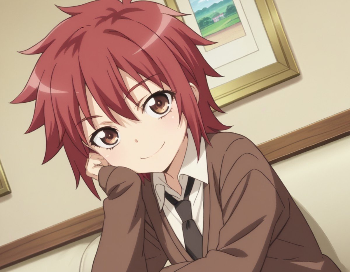 score_9, score_8_up, score_7_up, source_anime, <lora:aoi-yusa-s2-ponyxl-lora-nochekaiser:1>, aoi yusa, short hair, brown eyes, red hair,, school uniform, necktie, shirt, white shirt, collared shirt, cardigan, brown cardigan,, indoors, smile, looking at viewer, solo, sitting, head rest,, cowboy shot, dutch angle