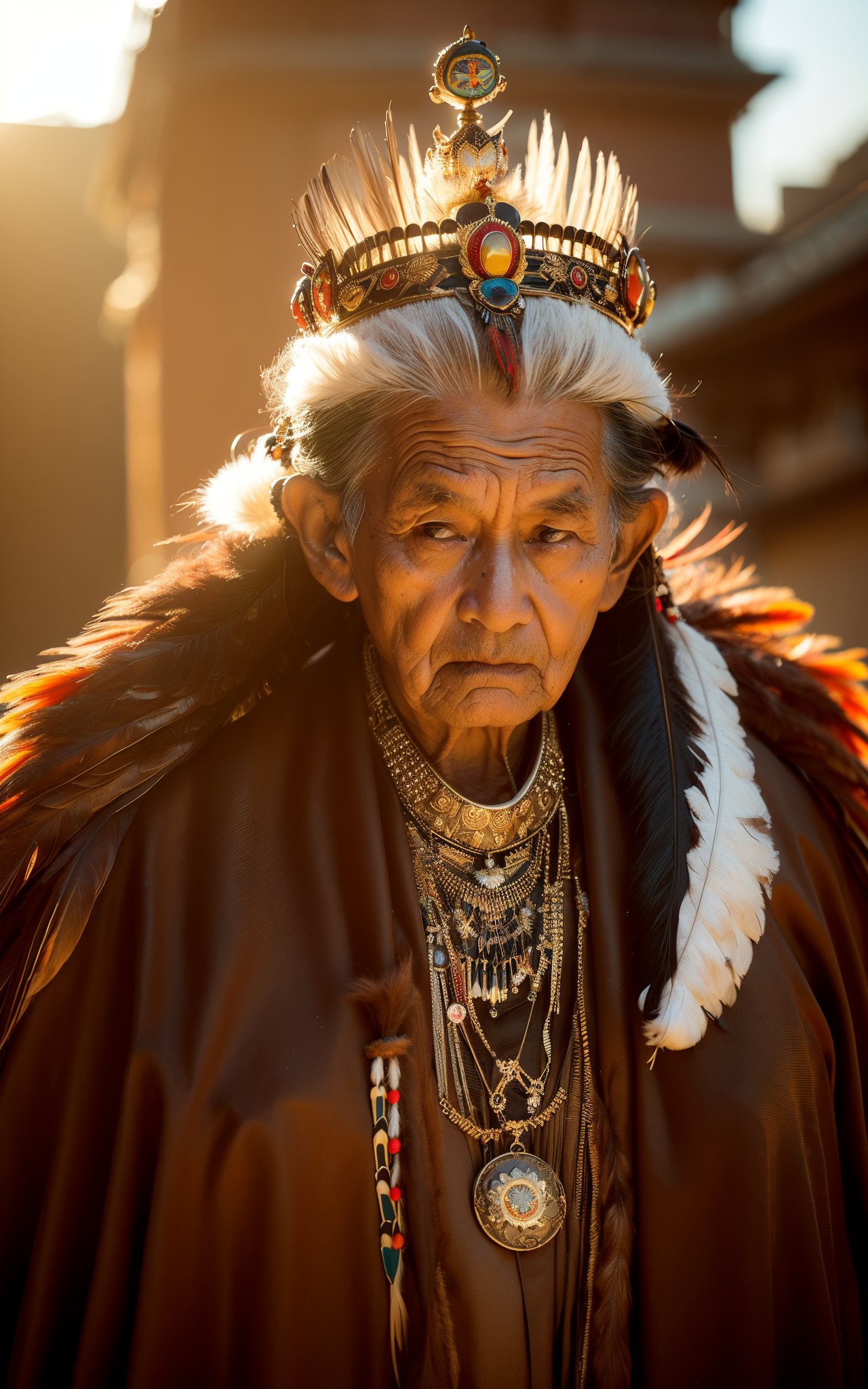 (nature, buildings history modern art, amazing unreal background),RAW photo,full sharp,wallpapper 8k uhd,dslr,soft lighting,high quality,Fujifilm XT3,upper body close-up,a gorgeous headpiece decorated with feathers,(an elderly male indian chief with a tall feathered ornate crown:1.2),outdoor,on the american savannah,mysterious historical sites,movie screen,ambience light,an old face,wearing traditional indian fur costumes,(old man:1.4),strong light and dark contrast,dark picture,(tall exaggerated crown:1.3),background blurring,