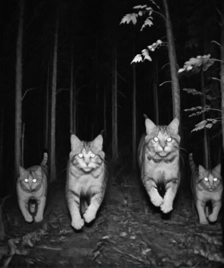 Cats are running through the forest,  camera trap, monochrome   <lora:Camera trap:1>