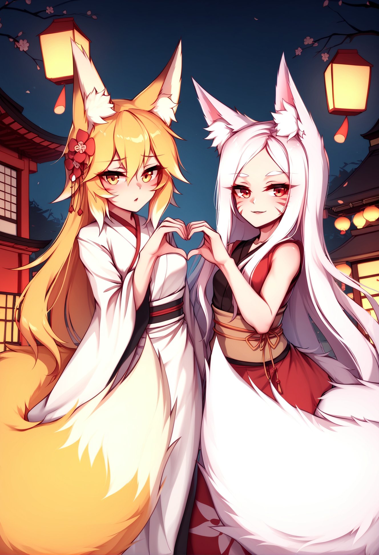 by foxykuro, by kie \(wylee2212\), masterpiece, best quality,2girls, shiro \(sewayaki kitsune no senko-san\), fox girl, fox tail, fox ears, white hair,  whisker markings, red eyes, :3,senko \(sewayaki kitsune no senko-san\), fox girl, fox tail, animal ear fluff, hair flower, yellow eyes,both wearing furisode kimono, adult female, heart hands duo,outdoors, dark night,  pagoda, lanterns