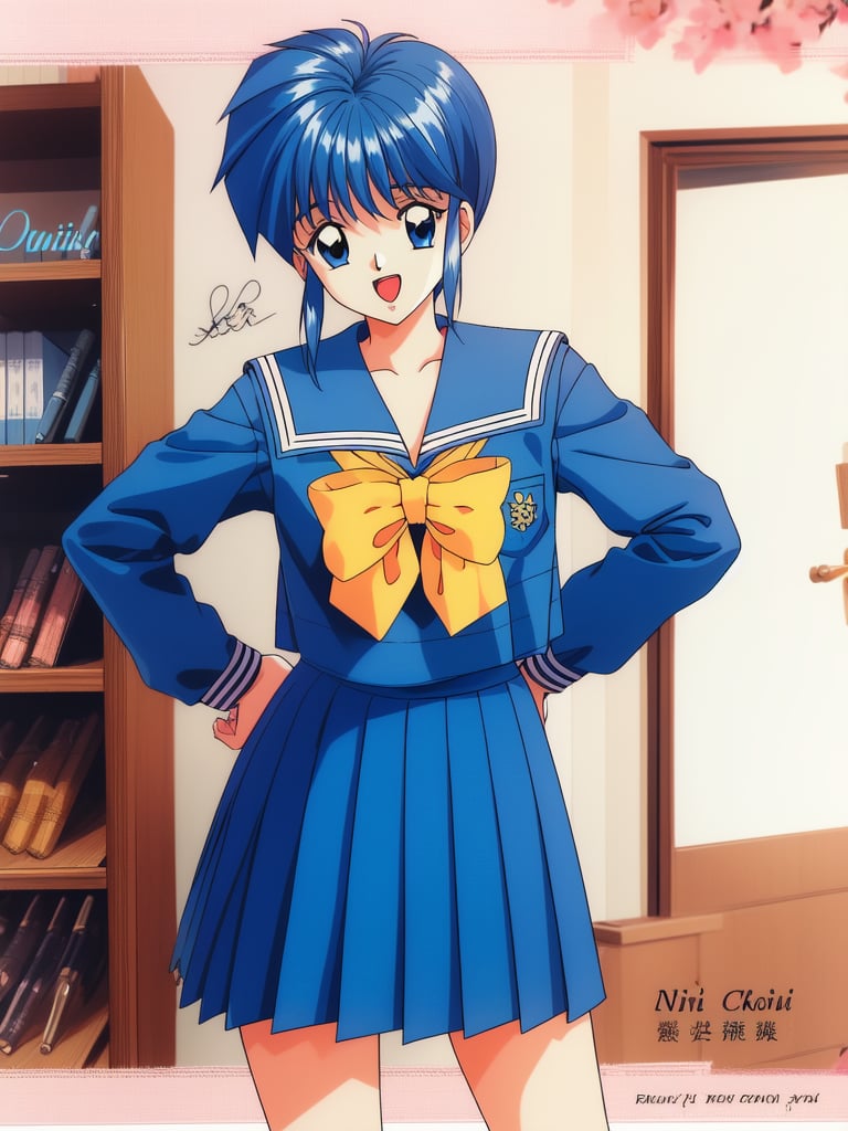 <lora:Nijino_Saki:0.8>NijinoSaki, 1girl, solo, school uniform, 1990s (style), skirt, retro artstyle, character name, serafuku, long sleeves,  blue skirt, pleated skirt, open mouth, yellow bow, bow, looking at viewer, smile, sailor collar, standing, arm behind back, arm up, school in the room,on, large_filesize, full color, 