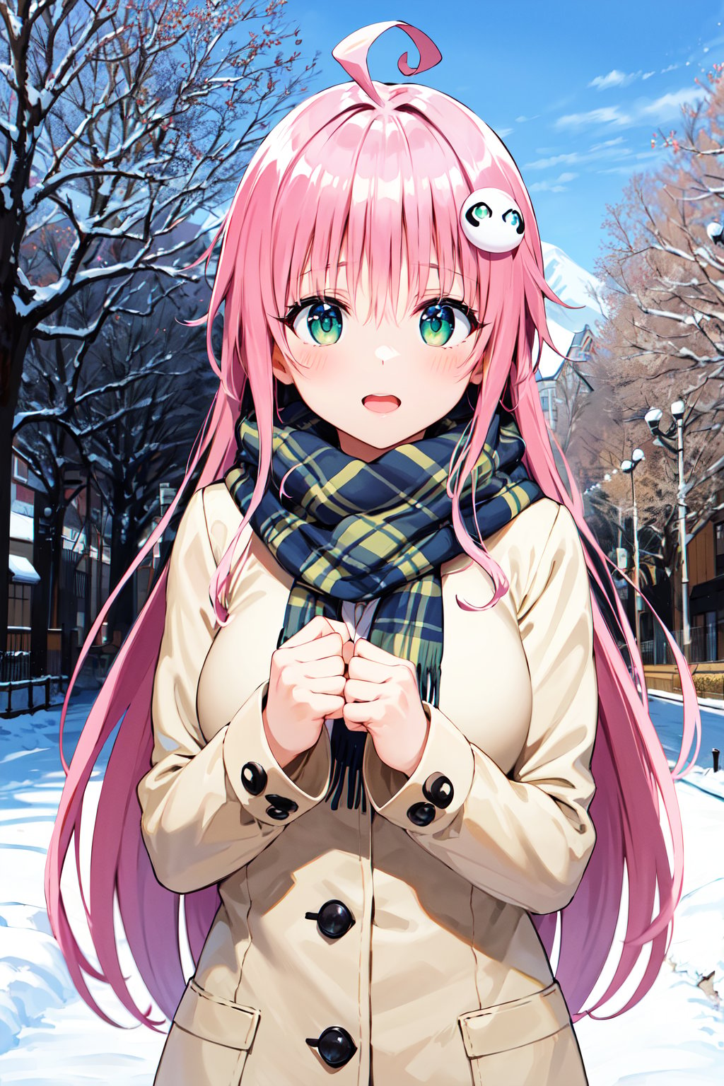 masterpiece, best quality, highres, aalala, long hair, ahoge, hair ornament, green eyes, breasts, <lora:lala_satalin_deviluke_v1:0.7>, winter clothes, scarf, park, outdoors