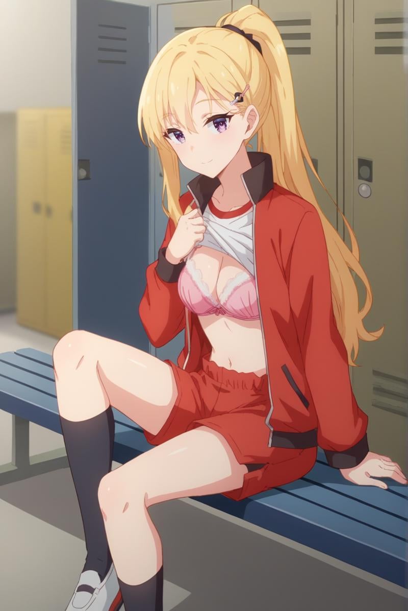 score_9, score_8_up, score_7_up, score_6_up, score_5_up, score_4_up, BREAK source_anime, 1girl, solo,<lora:AyaseSakiXL-v1-07:0.8>, ChopioAyase, long hair, blonde hair, shiny hair, hair between eyes, purple eyes, highly detailed eyes, hair clip, looking at viewer, ponytail,outfit_4, track jacket, red jacket, open jacket, white shirt, red shorts, black socks, kneehighs,locker room, locker, bench, sitting, seductive smile, shirt lift, pink bra, lace-trimmed bra, 