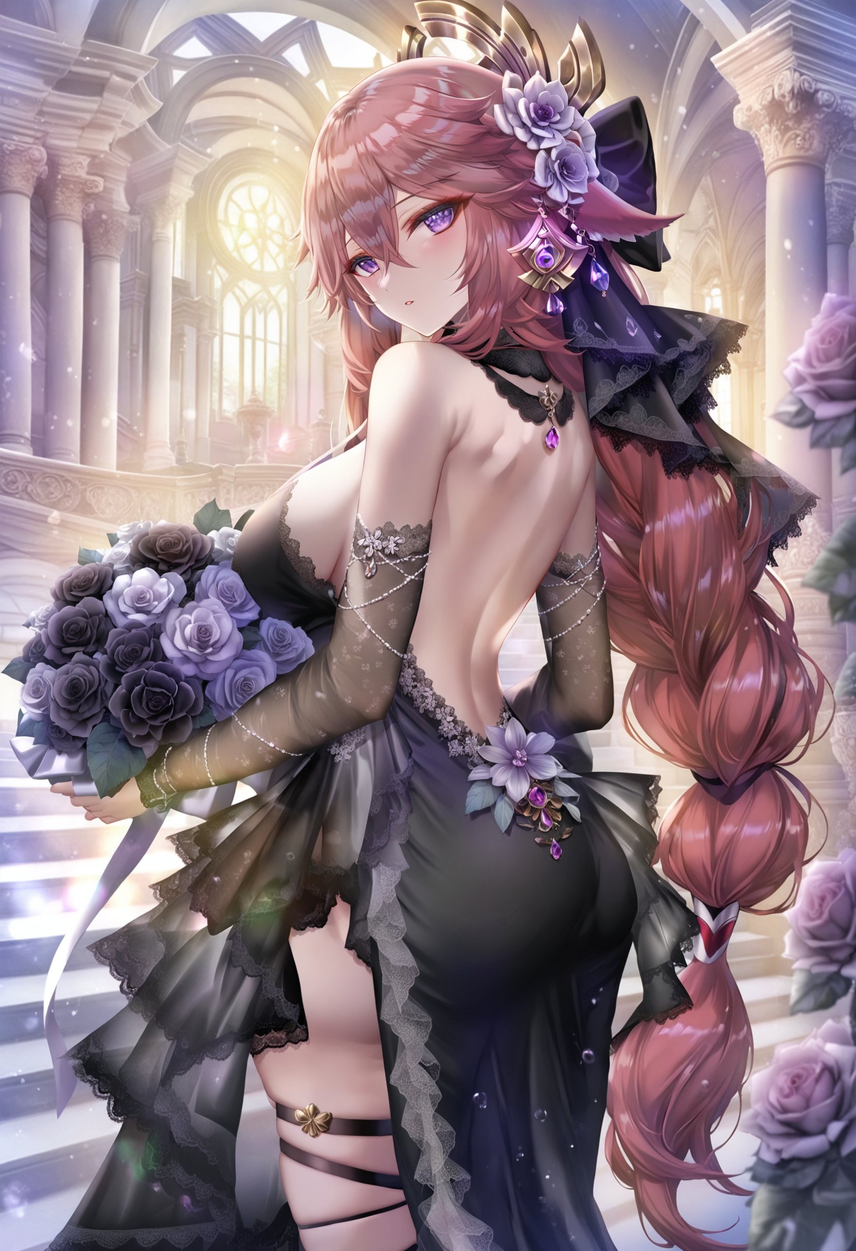 masterpiece, best quality,1girl, yae miko,  flower, solo, bouquet, long hair, breasts, hair ornament, purple eyes, looking at viewer, dress, fox ears, backless outfit, black flower, hair flower, animal ears, stairs, holding bouquet, backless dress, large breasts, black dress, pink hair, jewelry, earrings, detached sleeves, holding, hair between eyes, very long hair, floppy ears, looking back, bare back, alternate costume, bare shoulders, black rose, thighs, lace trim, back, thigh strap, from behind, cowboy shot, parted lips, purple gemstone, rose, sidelocks, purple flower, ass, lace-trimmed dress, indoors, white flower, gem, eyeshadow, sideboob, low-tied long hair, red eyeshadow, window, plant, leaf, church, blush, light particles, arm up, wide sleeves, makeup, cross <lora:torinoXLlokr8f-000182:0.95>