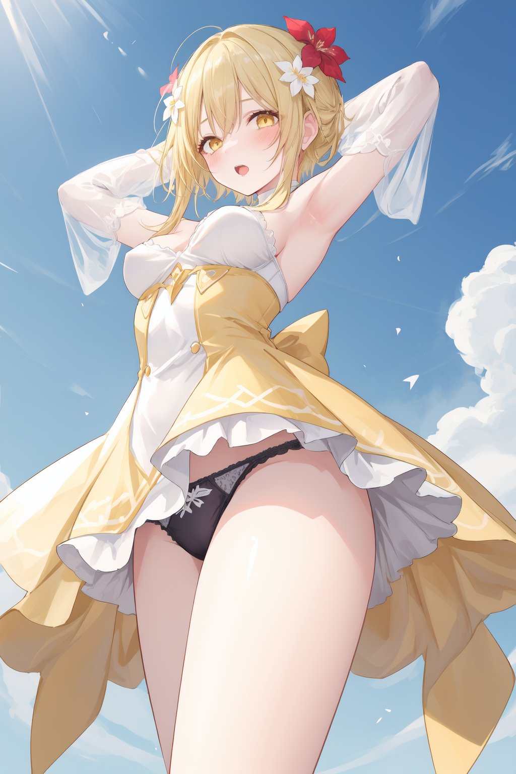 1girl, blonde hair, solo, breasts, yellow eyes, armpits, ying dress, thighs, from below, open mouth, bangs, arms up, blush, looking at viewer, hair ornament, detached sleeves, underwear, medium breasts, hair flower, panties, po style, s6xryc3, add9evlo65x, sfd6de8tv, sd6cepo5s, sf6ce9w8hd, sd69eogd, 5wsd6gics