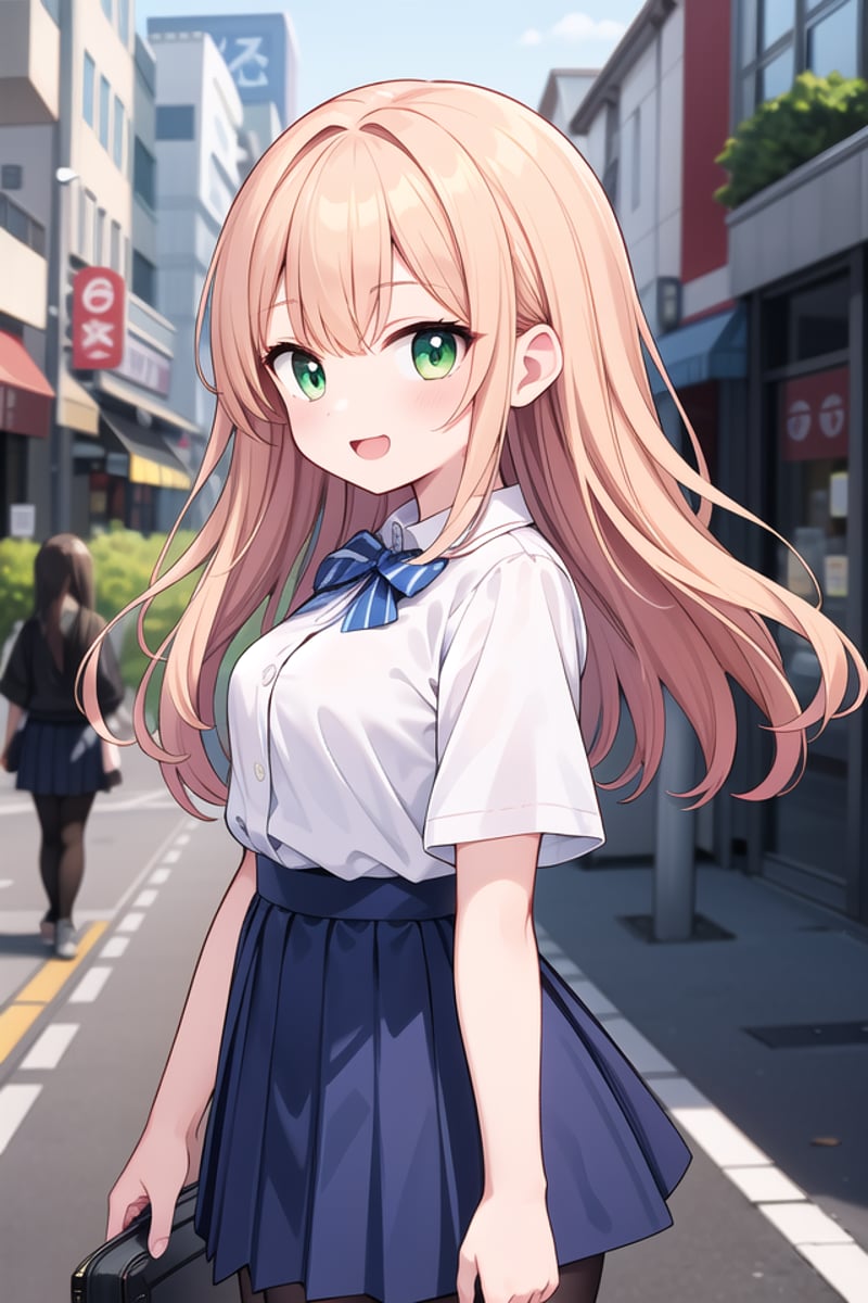 insanely detailed, absurdres, ultra-highres, ultra-detailed, best quality,1girl, solo, nice hands, perfect handsBREAKsummer school uniform, (plain dark blue skirt with many pleats:1.4), (striped indigo blue bowtie:1.3), short sleeves, white shirt, shirt with white button, shirt_tucked_inBREAK(breast pocket, vest, blazor, long sleeves, checked skirt, striped skirt, striped shirt, striped sleeves, bra visible through clothes, skirt with frill:-1)BREAK(nsfw:-1.5)BREAKsmile, open mouthBREAKfrom side,standing, cowboy shot, looking at viewerBREAKslender, kawaii, perfect symmetrical face, ultra cute girl, ultra cute face, ultra detailed eyes, ultra detailed hair, ultra cute, ultra beautifulBREAKin japanese street, cityscape in japan, depth of field, ultra detailed backgroundBREAKlarge breastsBREAKorange hair, green eyes, wavy hair,