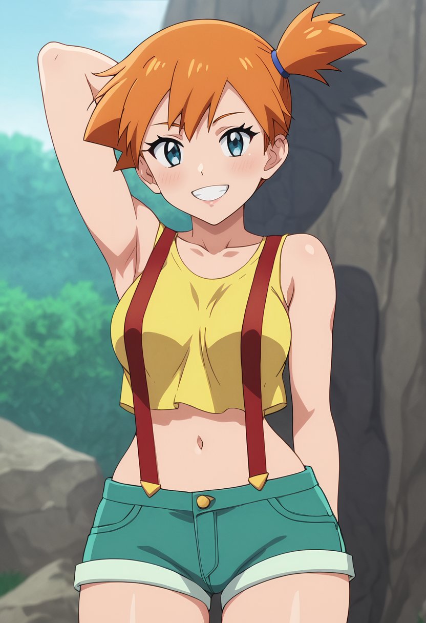 score_9, score_8_up, score_7_up,source_anime,anime coloring,perfect anatomy,cinematic_shadow,anime screencap,<lora:animestyle:1>finetuneanimeBREAK <lora:misty:1>misty, 1girl, solo, misty (pokemon), shorts, blue eyes, orange hair, side ponytail, smile, navel, breasts, looking at viewer, suspenders, crop top, midriff, collarbone, arm behind head, short shorts, short hair, yellow shirt, thighs, bangs, sleeveless, arm up, yellow tank top, bare shoulders, tank top, bare arms, green shorts, medium breasts, grin, blush, standing,outdoors, 