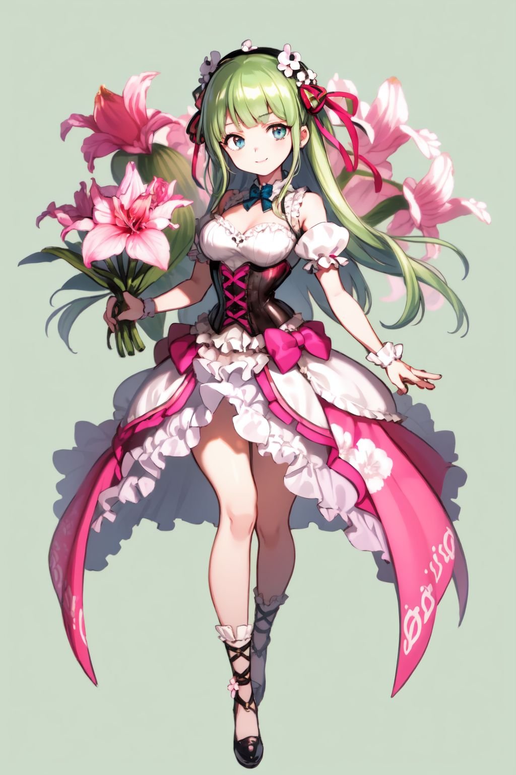 full body, solo, 1girl, happy, light green hair, hime cut, blue eyes, beautiful detailed face, pink corset, bright, Hippeastrum \(flower\), floral background <lora:nishizawa_style_v01:1>