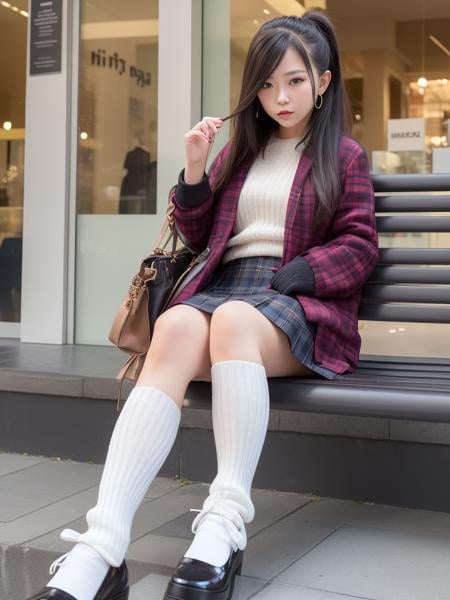 a beautiful photo of a woman sitting at the mall <lora:leg-warmers-v1:1>, knee socks, plaid skirt, (highest quality:1.1)