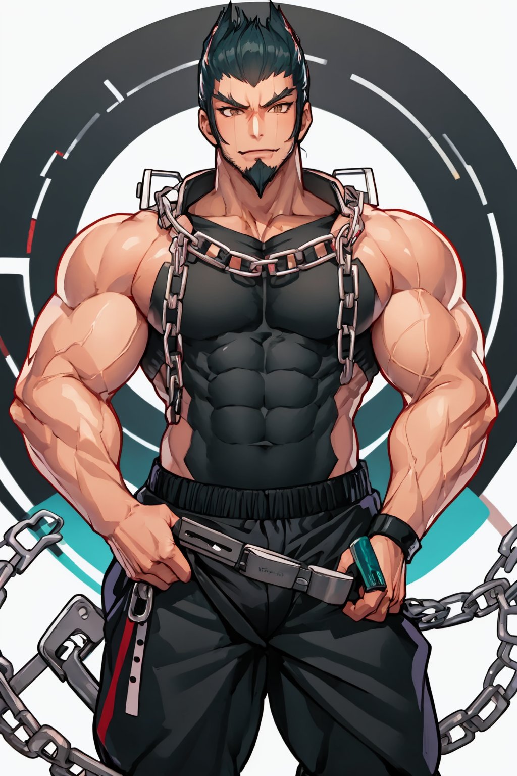 masterpiece,best quality, highly detailed, nidai nekomaru,1boy,solo,chain,goatee,looking at viewer,muscular male,bara,thick thighs,mature male,large pectorals<lora:nidai_nekomaru:1>,simple background,white background