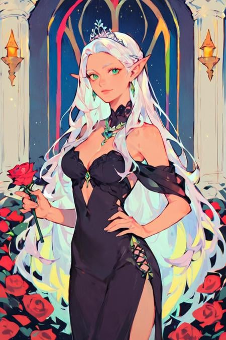 score_9, score_8_up, score_7_up, rating_safe, rainbow style, vibrant colors, vivid colors, 1girl, solo, elf, pointy ears, breasts, long hair, very long hair, white hair, green eyes, portrait, looking at viewer, black dress, tiara, silver tiara, holding, holding flower, rose, red rose, necklace, jewelry, cowboy shot, standing, outdoors, castle <lora:Rainbow Style SDXL_LoRA_Pony Diffusion V6 XL:0.8>