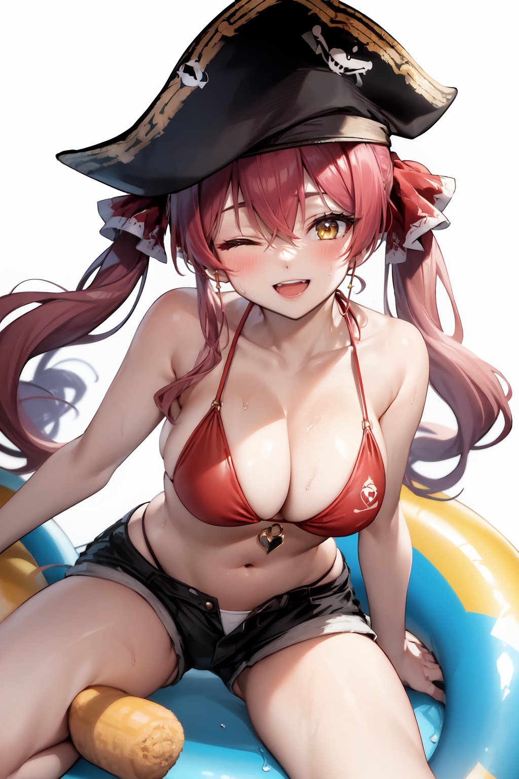 1girl, houshou marine, houshou marine \(1st costume\), houshou marine \(summer\), , ;d, artist name, bare shoulders, bikini, bikini top only, breasts, cleavage, eyelashes, hair between eyes, hair ornament, halterneck, hat, innertube, large breasts, long hair, low twintails, no shirt, one eye closed, pirate, pirate hat, red bikini, red hair, short shorts, shorts, simple background, smile, solo, sparkle, spread legs, sweatdrop, swimsuit, twintails, virtual youtuber, white background, yellow eyes, 