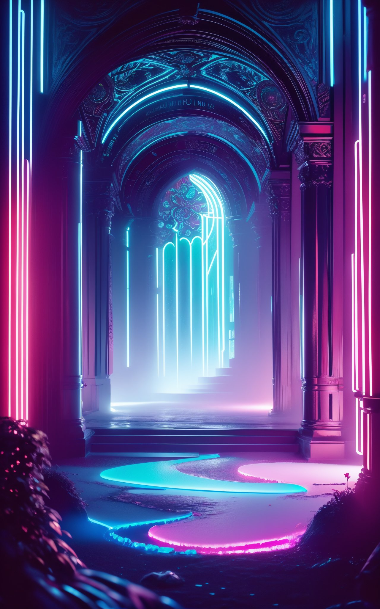 (masterpiece, top quality, best quality, official art, beautiful and aesthetic:1.2),cover art,Guilty,Electic Colors,Ice neon hue,Paranoid "The Garden of Elements",Regret,Pastel Colors,,