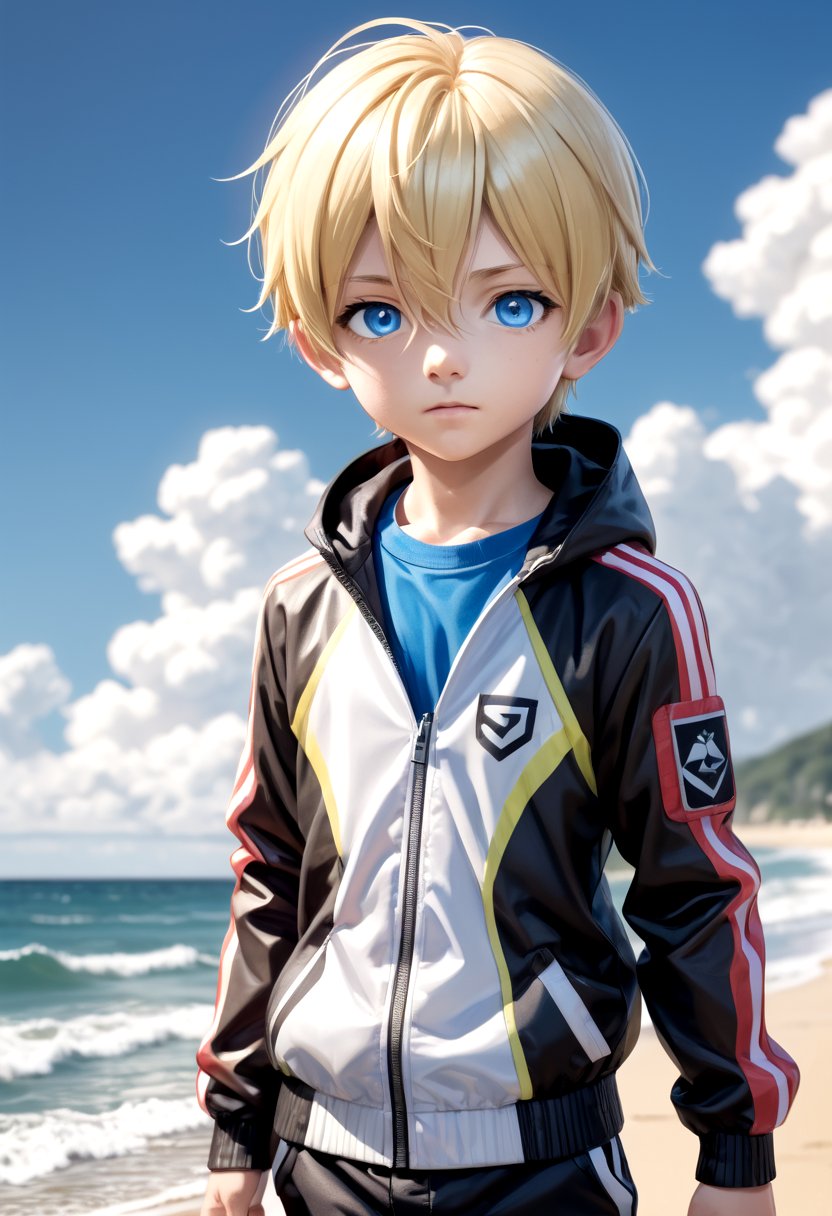 sota, solo,looking at viewer,short hair,bangs,blue eyes,blonde hair,long sleeves,1boy,hair between eyes,closed mouth,standing,jacket,male focus,cowboy shot,outdoors,sky,day,pants,cloud,hood,water,blue sky,ocean,beach,black pants,hood down,child,multicolored clothes,zipper,horizon,male child,wall,multicolored jacket,two-tone jacket,(masterpiece:1.2), best quality, high resolution, unity 8k wallpaper, (illustration:0.8), (beautiful detailed eyes:1.6), extremely detailed face, perfect lighting, extremely detailed CG, (perfect anatomy),