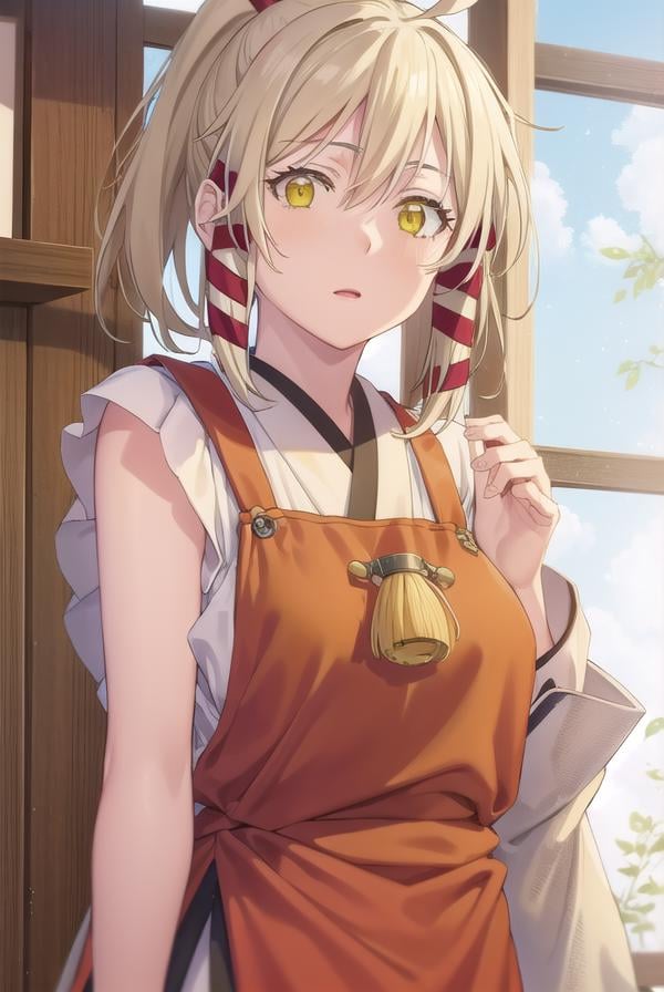 ukanomitamanokami, <lora:uka no mitama no kami s1-lora-nochekaiser:1>,uka no mitama no kami, long hair, blonde hair, hair ribbon, (yellow eyes:1.5), ponytail, tress ribbon,BREAK japanese clothes, miko, apron, (red apron:1.5),BREAK outdoors, shrine,BREAK looking at viewer, (cowboy shot:1.5),BREAK <lyco:GoodHands-beta2:1>, (masterpiece:1.2), best quality, high resolution, unity 8k wallpaper, (illustration:0.8), (beautiful detailed eyes:1.6), extremely detailed face, perfect lighting, extremely detailed CG, (perfect hands, perfect anatomy),