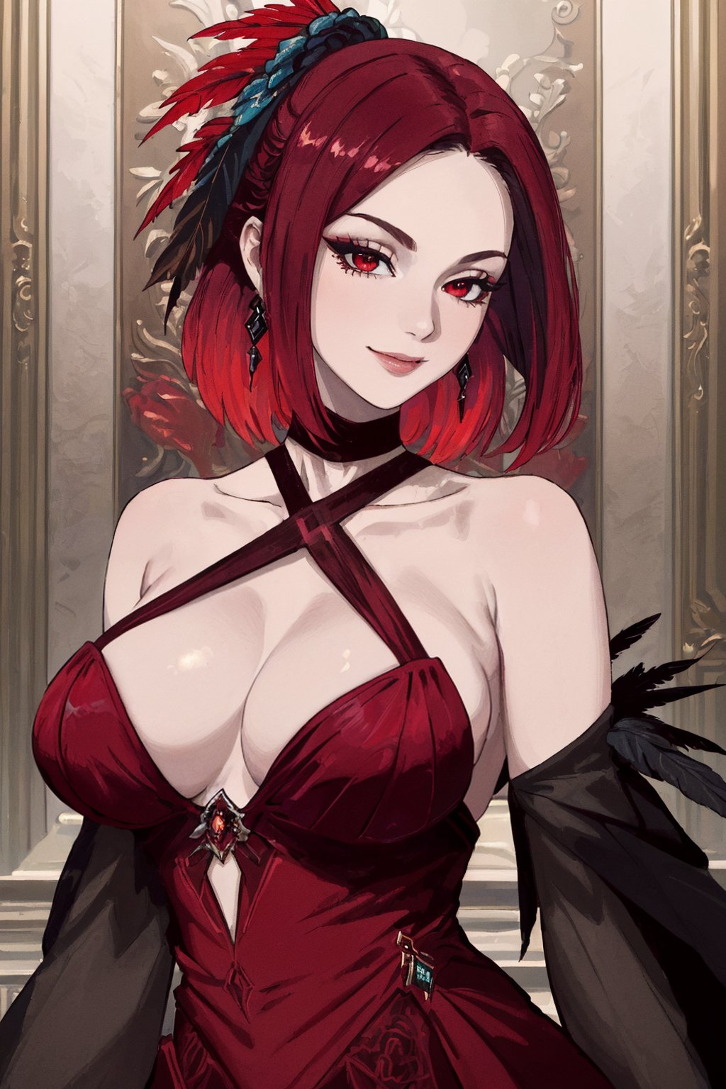 ((Masterpiece, best quality,edgQuality)),smile,(portrait,face focus)edgTM, a woman in a red dress and feathers ,wearing edgTM_style fashion, eccentric clothing <lora:edgTM90s:0.65>((edgCCH, collarbone, halterneck ,criss-cross halter))<lora:edgCrissCrossHalter:1>