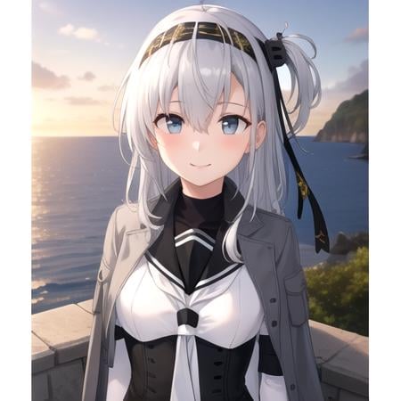 ((masterpiece)),(best quality),official art,extremely detailed CG,unity 8k wallpaper,ultra detailed,A lighthouse on a cliff by the sea,1girl,solo,upper body,(portrait:1.2),clothes_writing,long_hair,sailor_collar,smile,hachimaki,one_side_up,white_skirt,pleated_skirt,black_headband,white_necktie,grey_jacket,black_sailor_collar,white_bodysuit,knee_boots,miniskirt,grey_hair,school_uniform,serafuku,white_hair,gloves,hair_between_eyes,jacket_on_shoulders,medium_breasts,corset,white_pantyhose,grey_footwear,<lora:Suzutsuki(kan)>,