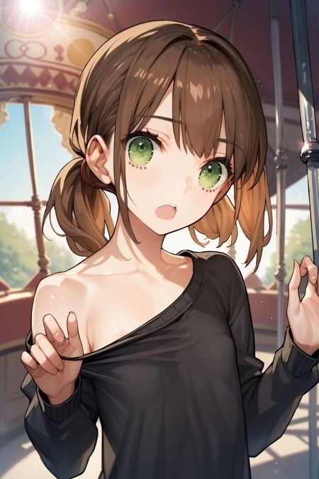 score_9, score_8_up, score_7_up, 1girl, looking at viewer, hands_behind_back, surprised, brown hair, hair intakes, green eyes, flat chest, black pullover, lens flare, carousel, pov <lora:wada_arco_PonyXL_style_v01:1>