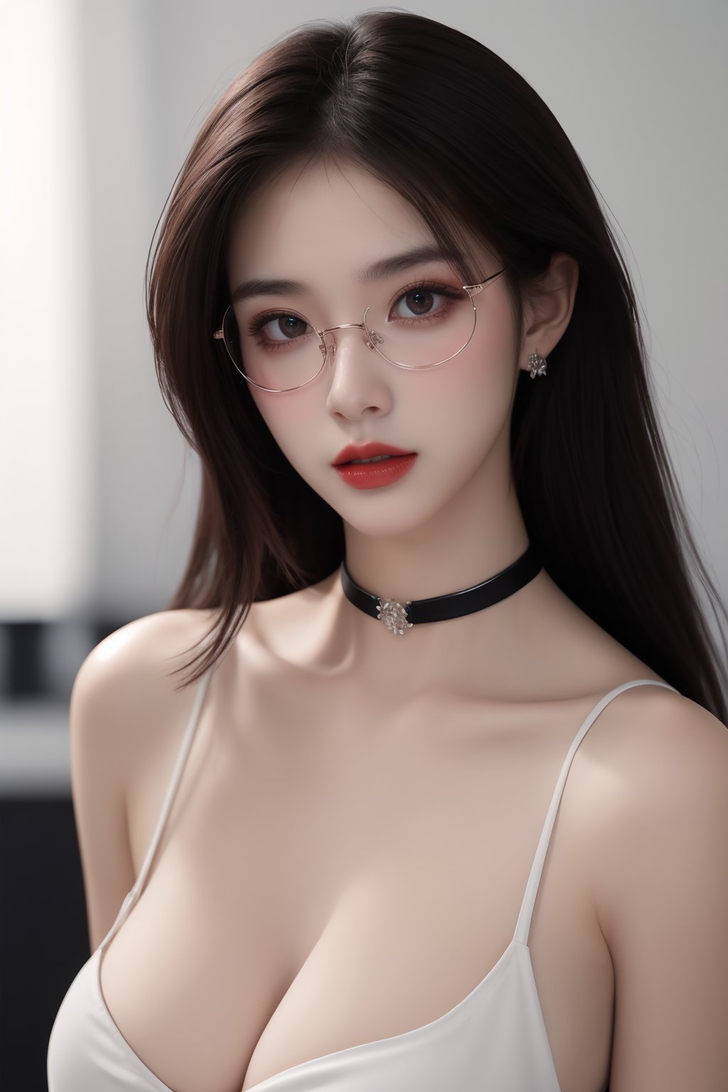 1girl, black choker, black hair, blurry, blurry background, blurry foreground, breasts, choker, cleavage, collarbone, depth of field, earrings, glasses, jewelry, large breasts, lips, long hair, looking at viewer, red lips, solo focus <lora:御姐:1>