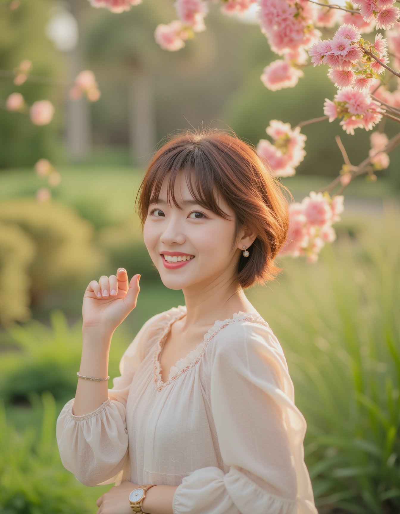 A high-quality photograph of a young woman standing in a vibrant garden, smiling brightly. She has short, wavy brown hair that catches the light, and she is wearing a light-colored, flowing dress with a subtle floral pattern. Her right hand is gently lifted to touch her hair, revealing a delicate wristwatch that adds a touch of elegance to her look. The soft lighting enhances the dreamy quality of the scene, while the sharp focus on the woman emphasizes her joyful expression and graceful pose. The overall mood is one of relaxation and happiness, with the vibrant garden and her radiant smile perfectly capturing the essence of a peaceful, carefree moment.  The backdrop is filled with lush greenery and vibrant cherry bloom flowers that frame the scene beautifully, creating a romantic and serene atmosphere. 