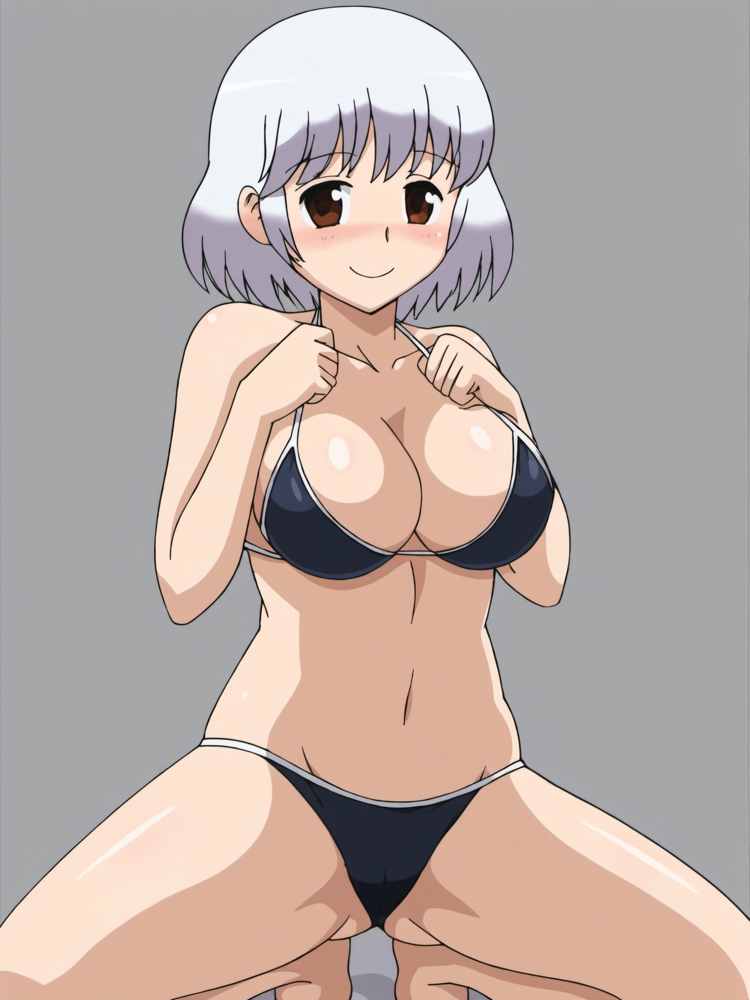 core_9, rating_explicit, source_anime, best quality, masterpiece:1.2, BREAK 1girl, simple background, blush,  <lora:RumiYokoi_PDXLv1a-000007:0.8> rumiyokoi, white hair, brown eyes, medium breast, (perfect round breasts), blush, suggestive smile, (black bikini:1.3), cute pose, barefoot