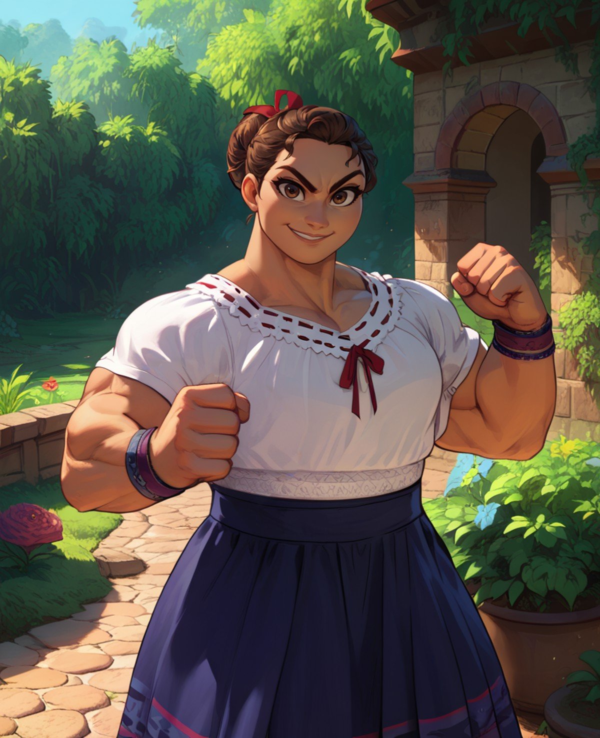 score_9,score_8_up,score_7_up,score_6_up,Luisaxl,brown hair,hair bun with red ribbon,brown eyes,smile,muscular,serious,smile,looking at viewer,clenched hands,blue skirt,bracelets,white top,garden,stone bridge,morning,<lora:LuisaENC:0.9>,