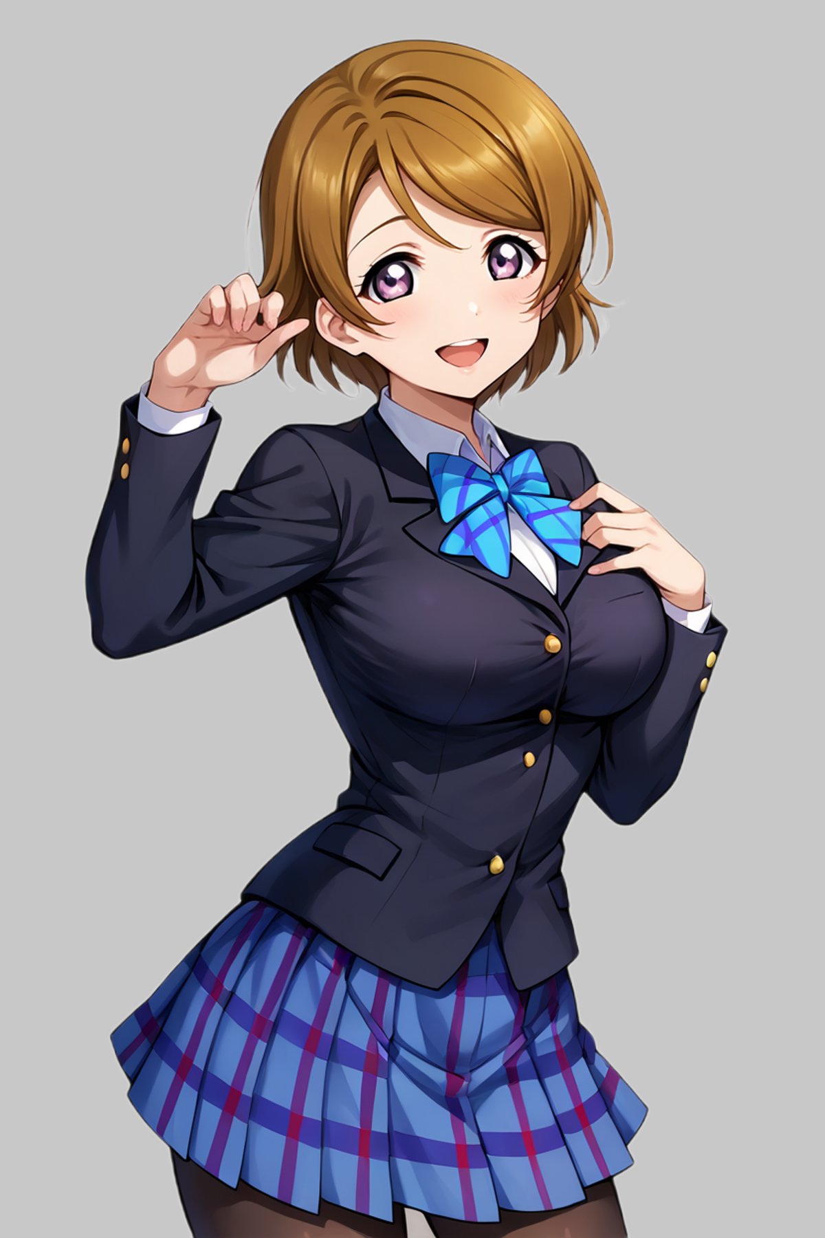 score_9, score_8_up, score_7_up, source_anime BREAK 1girl, solo, lovelive_hanayo, <lora:lovelive_hanayo:1> 150cm taller, cowboy shot, school uniform, black blazer, blue plaid skirt, blue bowtie, large breasts, black pantyhose, brown hair, swept bangs, short hair, purple eyes, looking at you, smile, open mouth, simple background 