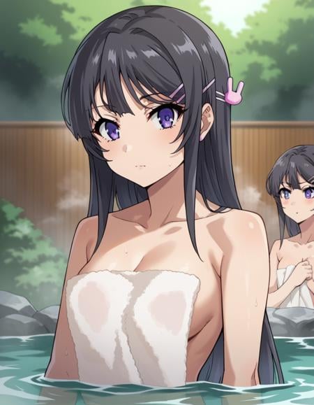 score_9, score_8_up, score_7_up, source_anime,maisakurajima, <lora:mai-sakurajima-s1-ponyxl-lora-nochekaiser:1>mai sakurajima, long hair, bangs, black hair, hair ornament, purple eyes, hairclip, rabbit hair ornament,nude, naked, outdoors, onsen, towel, naked towel, steam, bathing, nude cover, partially submerged, water, bath, steam censor, wet towel,looking at viewer, cowboy shot, dutch angle,