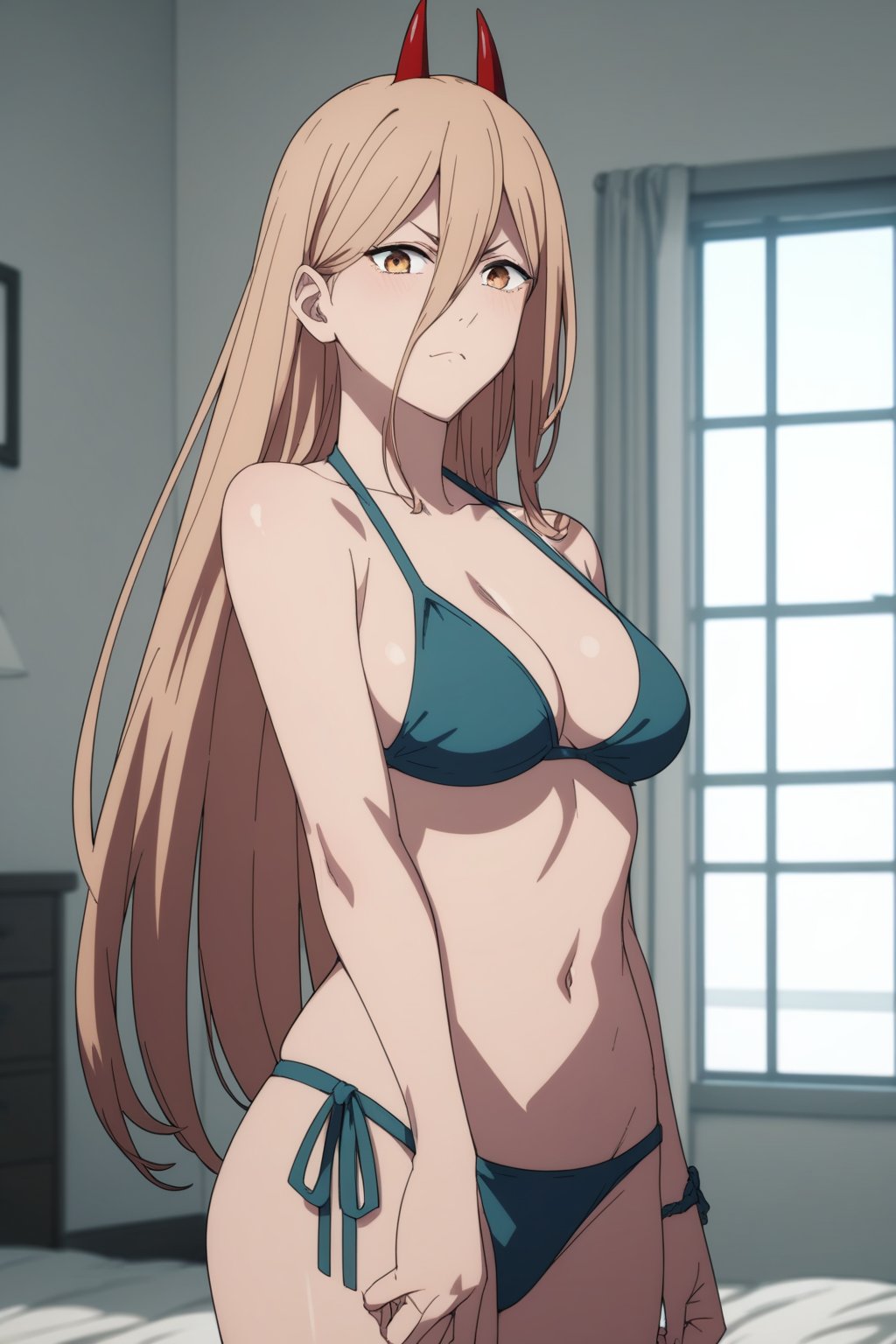 score_9, score_8_up, score_7_up, score_6_up, score_5_up, score_4_up, BREAK, source_anime,power_v1, 1girl, red horns, long hair, hair between eyes,bikini<lora:EMS-354632-EMS:0.800000>