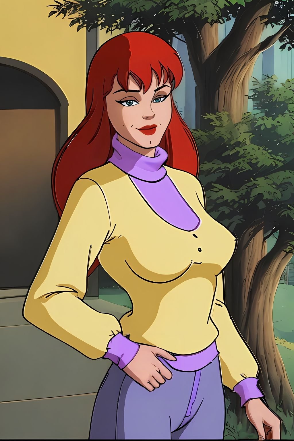 absurdres, mary jane watson, upper body, yellow sweater with purple turtleneck <lora:Mary Jane Watson_v1:1>