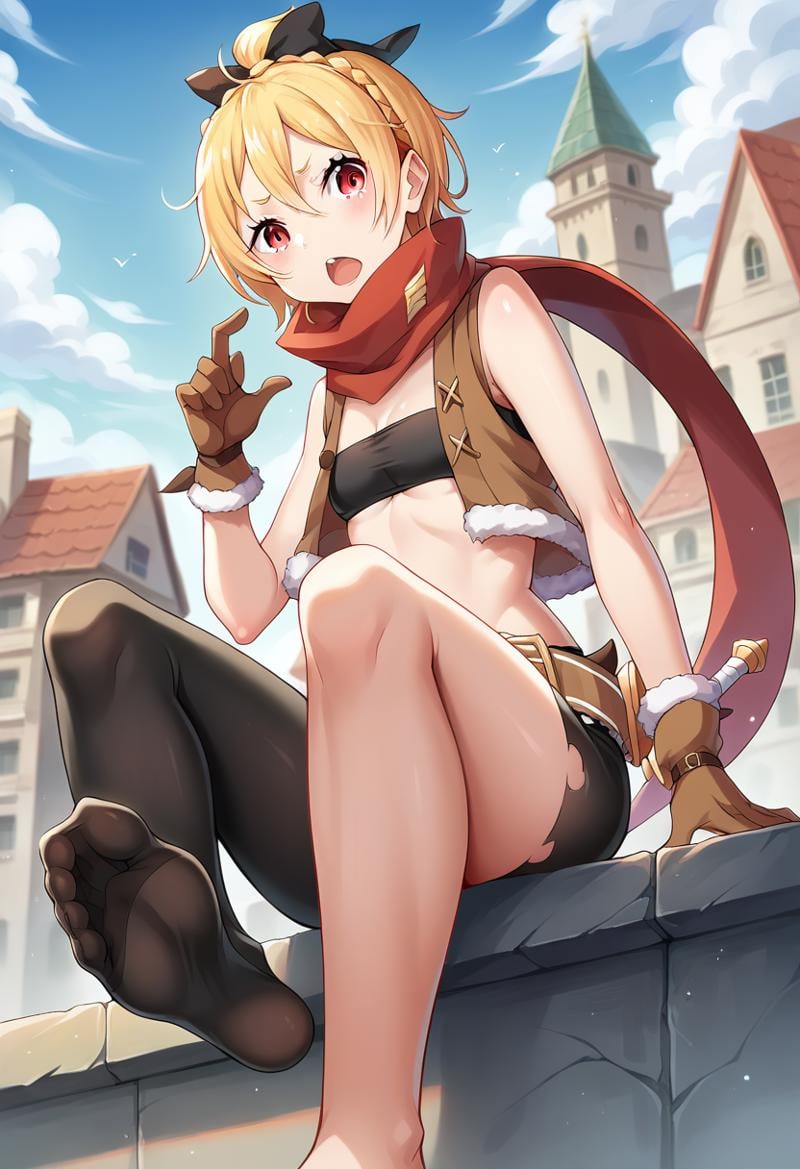 score_9, score_8_up, score_7_up, source_anime, masterpiece, 1girl, feltzero, bandeau, single leg leggings, uneven legwear, brown vest, fur-trimmed gloves, fur trim, red scarf, belt, looking at viewer, cowboy shot, <lora:FeltPONYXLct:0.8>, dagger, open mouth, city, sky, roof, sitting, feet, foot focus, 