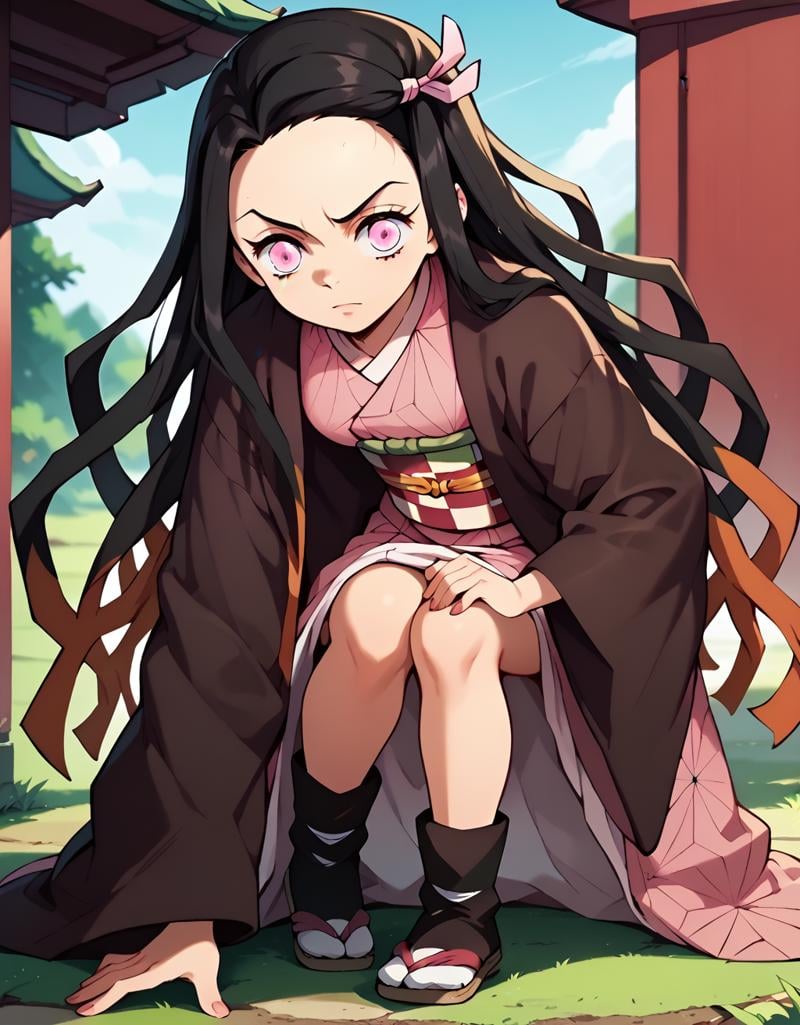 <lora:NezukoKamadopony-10:1>NezukoNor, kamado nezuko, black hair, very long hair, pink eyes, 1girl,  pink kimono, hair ribbon,  pink ribbon, japanese clothes, checkered sash,  obi, haori,  black haori, Leaning forward with one hand on the knee,, score_9, score_8_up, score_7_up, score_6_up, score_5_up, score_4_up,