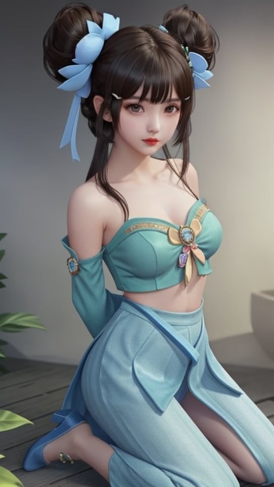 (1girl),smooth chin,masterpiece,detailed face,((hair ornament)),top quality,4k,make up,best quality,medium breasts,(looking at viewer),long legs,double bun,jewelry hair,dress,detached sleeves,ribbon,shawl,light blue skirt,puffy pants,hair rings,hair flower,(wariza),(arms behind back),bangs,jewelry on bangs,<lora:王者 小乔 青蛇SD_v1.0:0.6>,