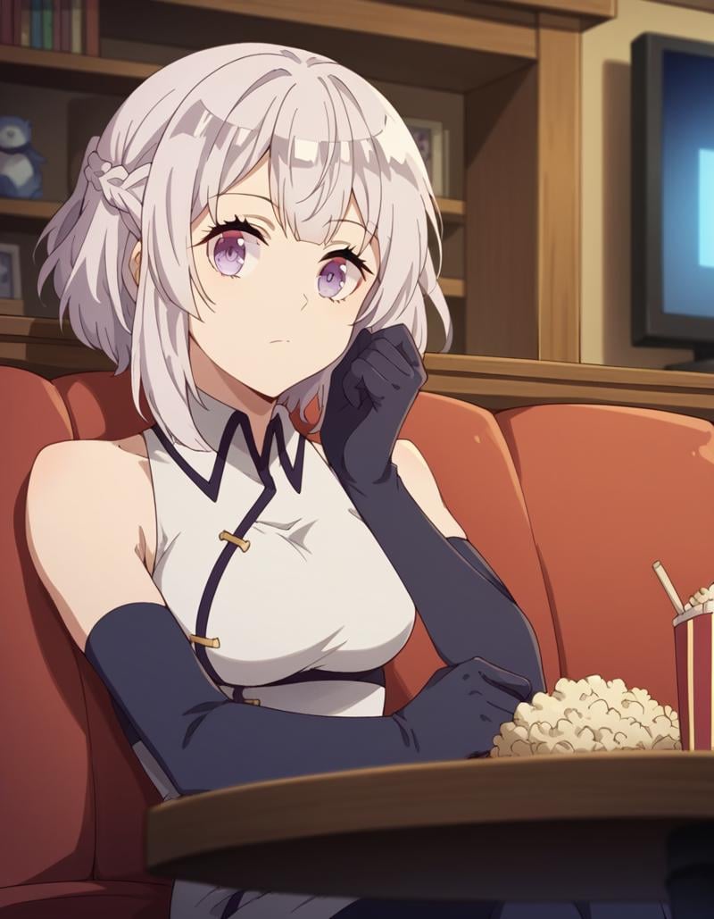 score_9, score_8_up, score_7_up, source_anime, <lora:farming-isekai-hakuren-s1-ponyxl-lora-nochekaiser:1>, hakuren, short hair, purple eyes, braid, grey hair,, gloves, bare shoulders, sleeveless, black gloves, elbow gloves, chinese clothes,, living room, television, couch, popcorn, watching movie, night time, sitting,, , looking at viewer, arm resting on table, solo,, cowboy shot, dutch angle