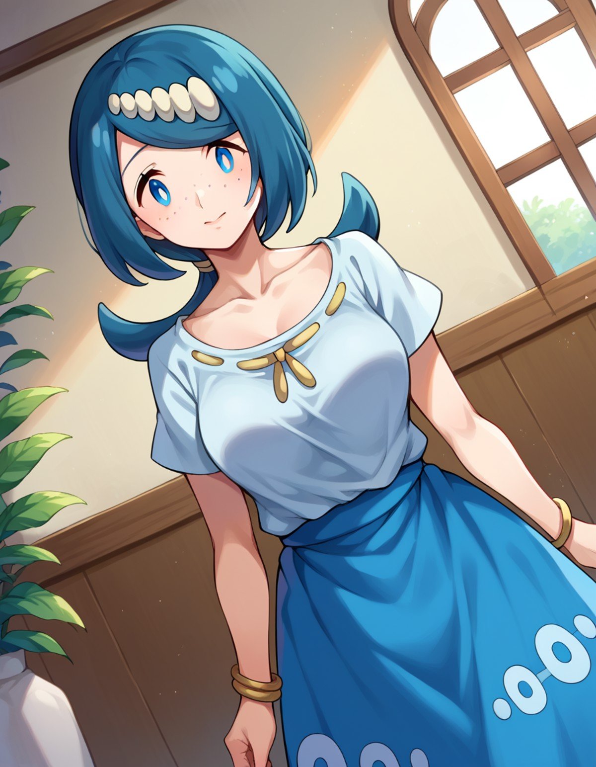 score_9, score_8_up, score_7_up, source_anime,pokemonmotherlana, <lora:pokemon-mother-lana-ponyxl-lora-nochekaiser:1>pokemonmotherlana, blue eyes, blue hair, freckles, hair ornament, long hair, swept bangs, bright pupils,blouse, blue skirt, bracelet, collarbone, dress, jewelry, long skirt, shirt, short sleeves, skirt, white shirt,indoors,looking at viewer, cowboy shot, dutch angle,