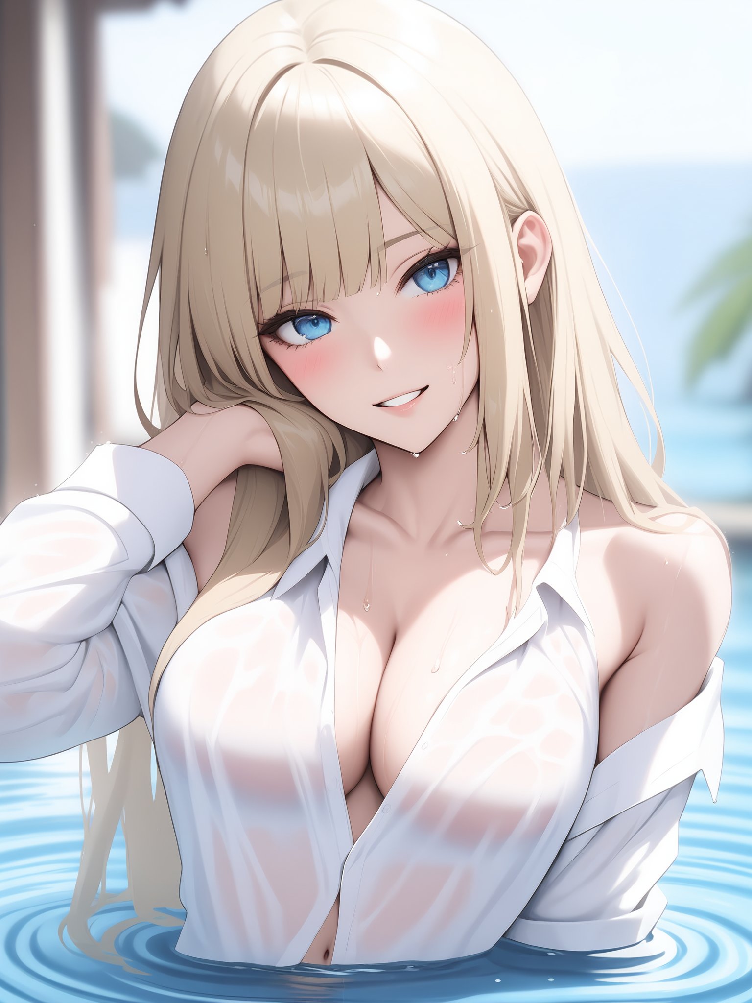 <lora:xl_Korean style(kohaku_delta)-000004:1>,Korean style,1girl, breasts, solo, blonde hair, blue eyes, long hair, navel, large breasts, wet, looking at viewer, parted lips, water, collarbone, wet clothes, see-through, eyebrows visible through hair, open clothes, wading, bangs, partially submerged, blush, head tilt, stomach, cleavage, shirt, naked shirt, blurry, bare shoulders, blurry background, fingernails, upper body, wet hair, smile, masterpiece, best quality,