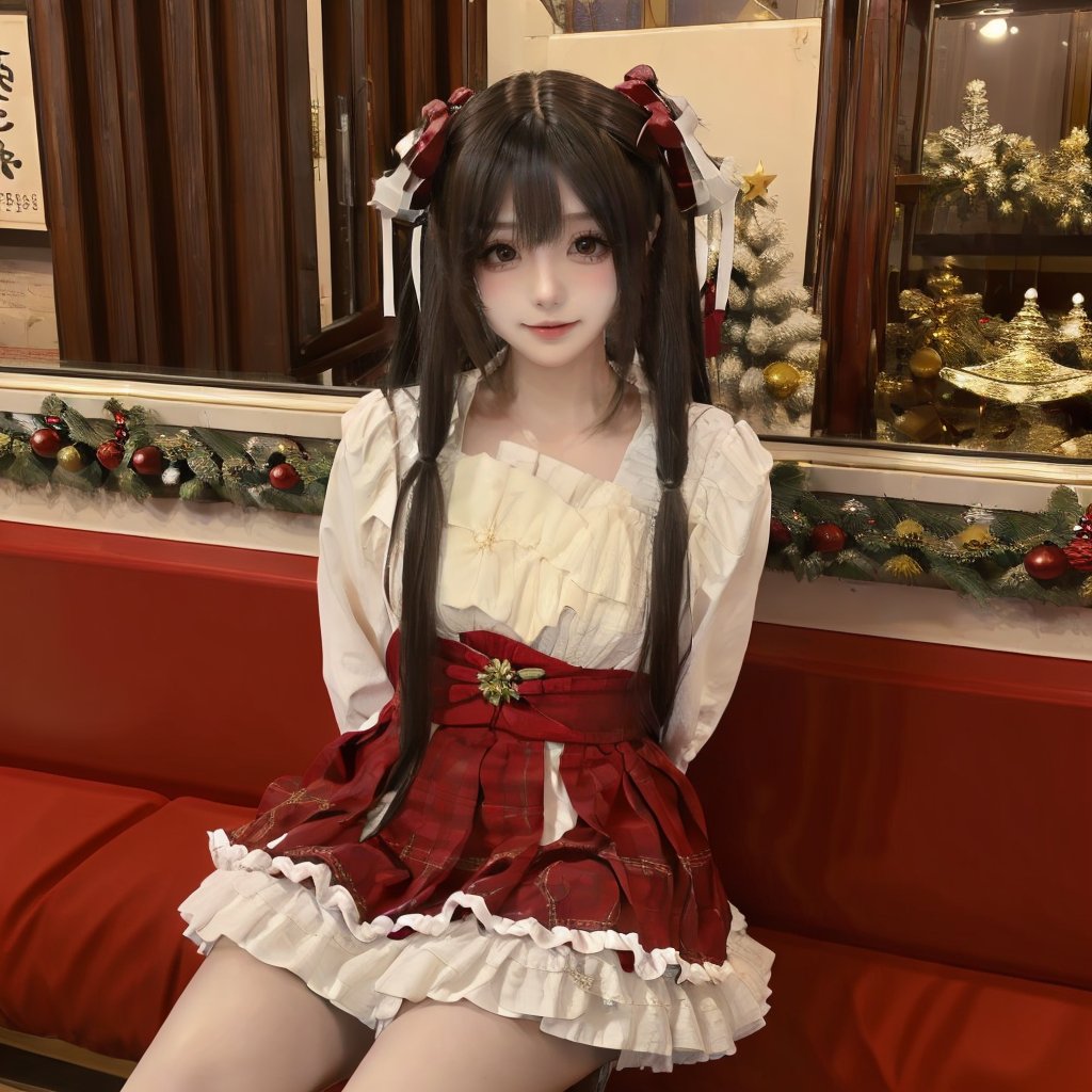 long_hair,1girl,sitting,christmas,very_long_hair,twintails,solo,standing,looking_at_viewer,arms behind back,<lora:da:0.8>,