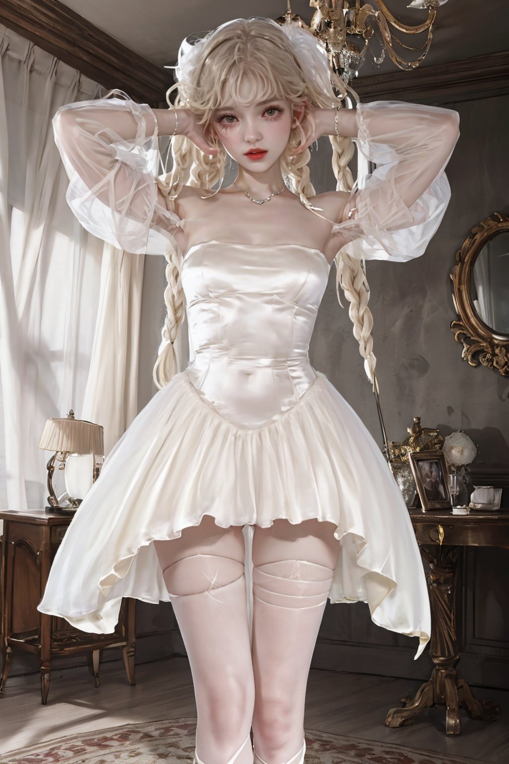 future0519,girl,solo,Strapless white dress,see-through sleeves,White pantyhose,cross-laced footwear,<lora:future0519-balei:0.9>,twin braids,thigh gap,bedroom,, best quality,masterpiece,highres,official art,extremely detailed cg unity 8k wallpaper,