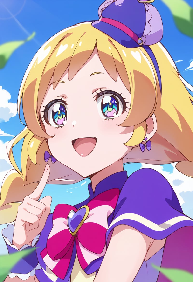 score_9, score_8_up, score_7_up, source_anime, BREAKcure friendy, 1girl, blonde hair, solo, open mouth, smile, earrings, :d, long hair, heart, blue eyes, grass, shiny hair, looking at viewer, purple headwear, anime coloring, blue headwear, multicolored, eyelashes, green eyes, portrait, bangs, floating hair, blue background, top hat, multicolored eyes, happy, blurry foreground, pink bow, hand up, face, red neckwear, multicolored neckwear, mini witch hat, bowtie, upper body, pointing, ribbon, purple hairband, index finger raised, tongue, eyebrows visible through hair, wind, purple capelet, blue hairband, capelet, depth of field, aqua eyes, pink neckwear, outdoors, purple bow, blurry background, pink headwear, pointing at self, medium hair, day, purple dress, heart earrings, blue sky, leaf, hat bow, heart brooch, twin braids, bow earrings, striped bow, deerstalker, twintails<lora:cure_friendy_inukai_iroha_sdxl_locon_pony_v1:0.7>