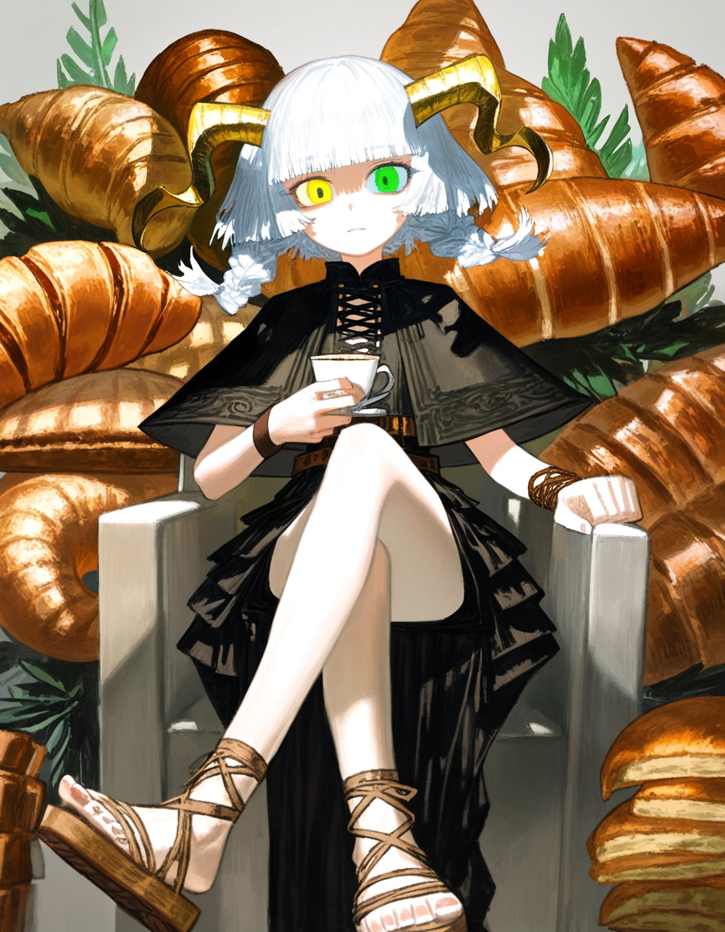 by (quasarcake:1.2), (by jun_\(navigavi\):0.8), (by reoen:1.1), by rsef, by neg_\(101neg\), heterochromia, tea, croissant, sitting, crossed legs, 1girl, solo, looking at viewer, green eyes, hollow eyes, gold horns, medium hair, white hair, twin front braids, brown wristband, tight shirt, black shirt, capelet, beige dress, brown belt, sleeveless, layered clothing, cross-laced slit, cross-laced sandals